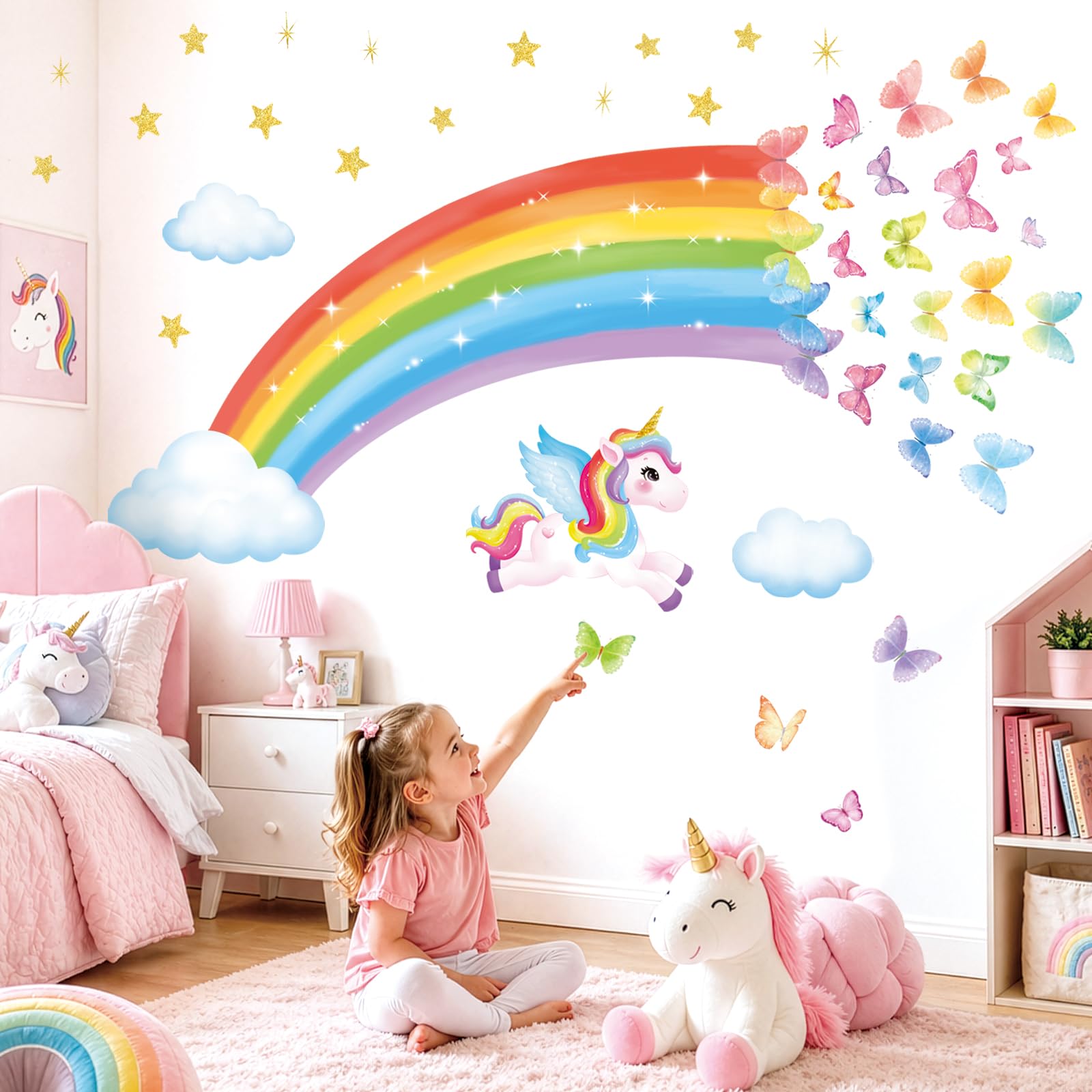 Decowall Rainbow Wall Stickers, Unicorn Butterflies Clouds And Stars Peel And Stick Wall Decals For Bedroom Living Room Décor (Sg2-2401)
