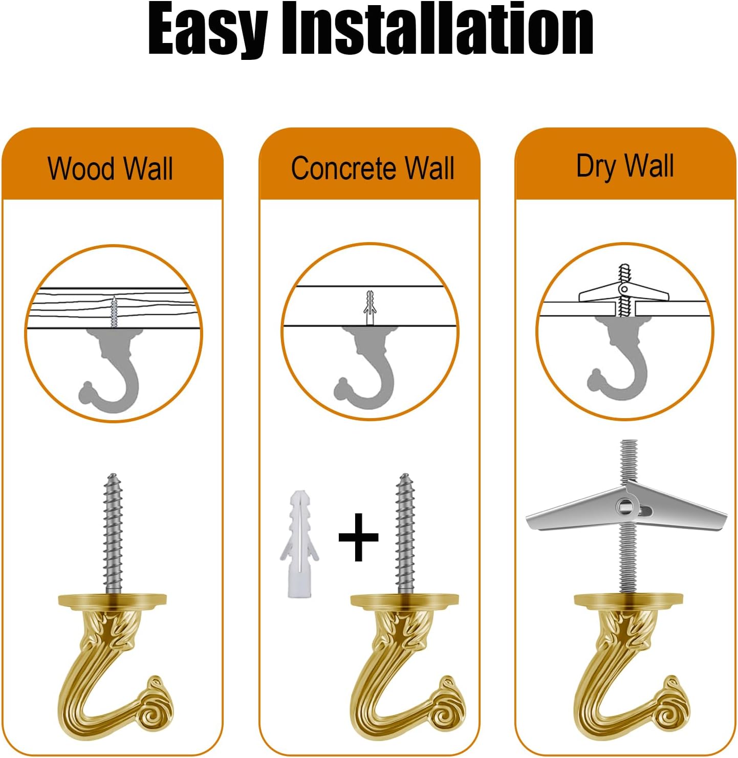 12 Ft Heavy Duty Hanging Chain Kit with Connection Locks & Swag Ceiling Hooks for Lighting Fixture, Chandelier, Pendant, Lantern, Swag Lamp, Plant/Flower/Fruit Basket, Bird Feeder (Brass)