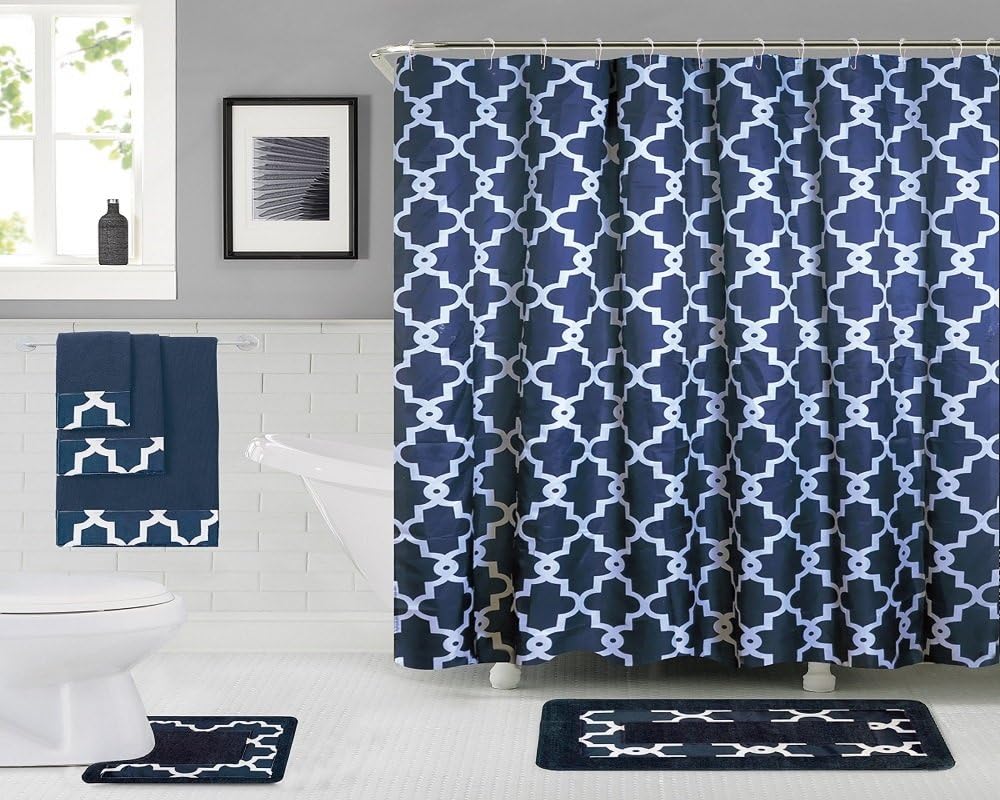 Daniel's Bath & Beyond 18 Piece Shower Curtain Set Ashley Bath, Navy