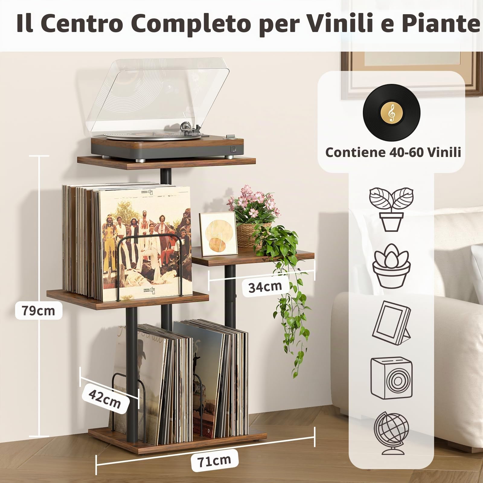 Bikoney Mobile Porta Giradischi con Scaffale per Vinili, Tavolo in Legno per Giradischi con Organizer LP, Espositore e Organizer Dischi per Spazi Ridotti, Appartamenti, Camera da Letto e Soggiorno