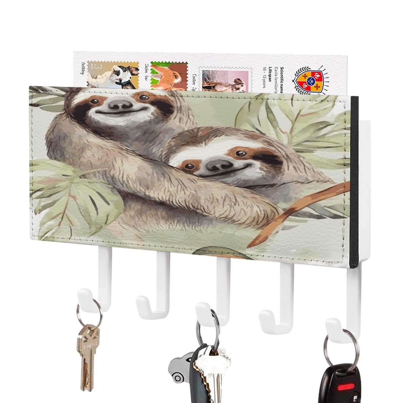 LDGSUPH Watercolor Sloth Key Holder Wall Mount Key Hanger with 5 Hooks Fashion Key Organizer Rack Hanging Key Hooks with Mail Organizer Key Rack for Home Entryway Hallway White-Style