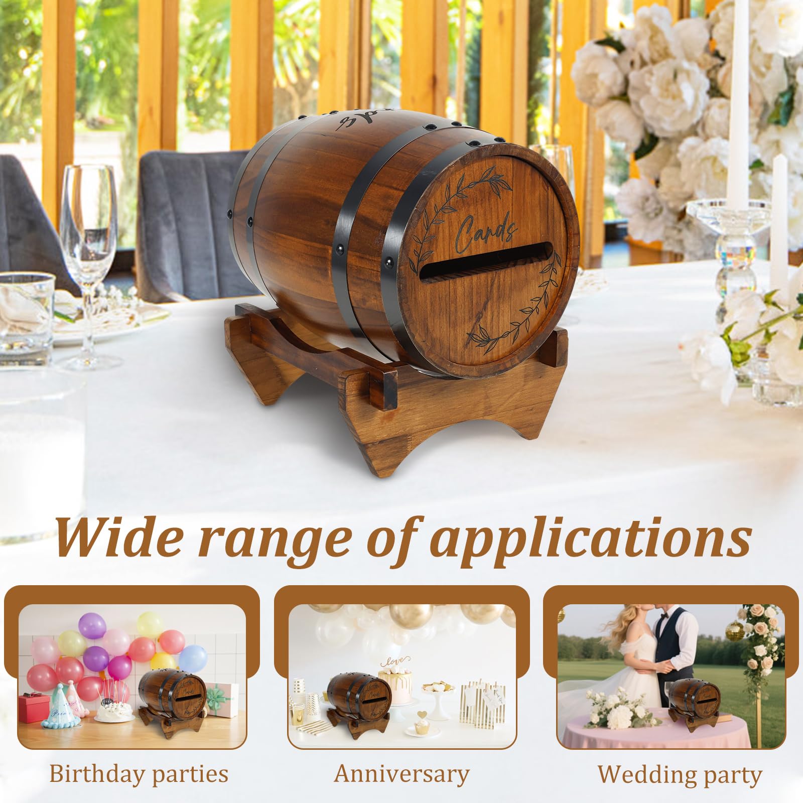 Boîte de rangement en bois pour cartes de mariage en forme de baril de whisky - Housse de rangement pour argent - Housse pour mariage, douche nuptiale, fête d'anniversaire - Décor (brun)