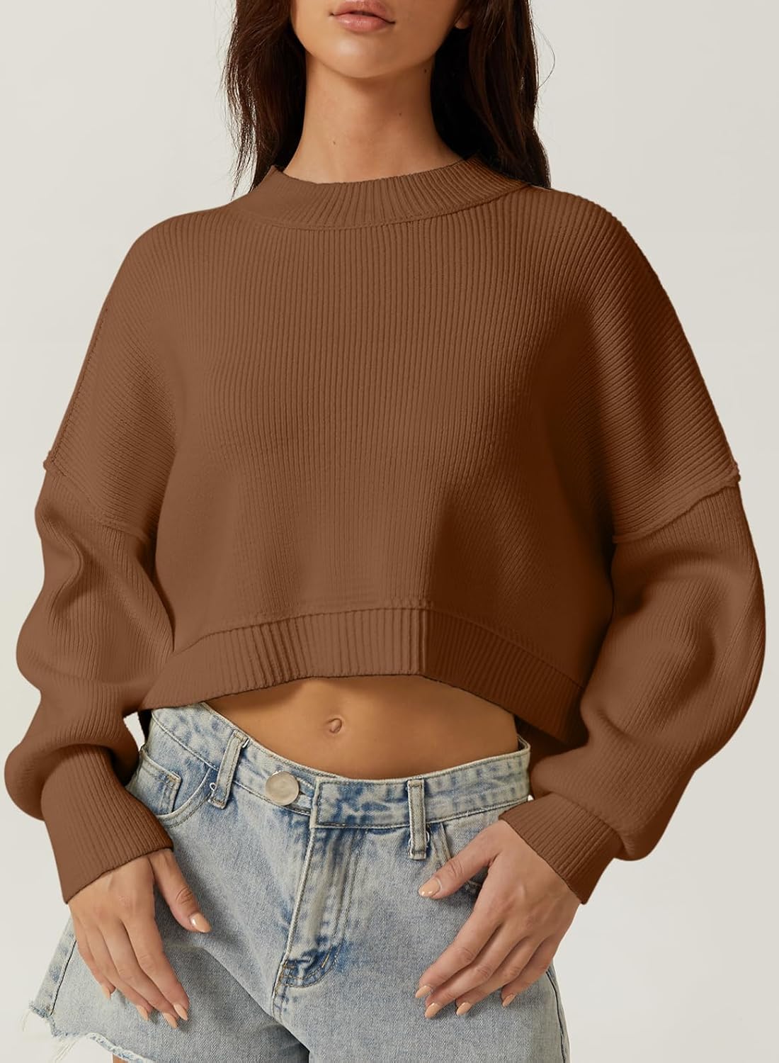QINSEN Women's Mock Neck Cropped Sweater Long Sleeve Drop Shouler Oversized Knit Pullover Tops - Image 4