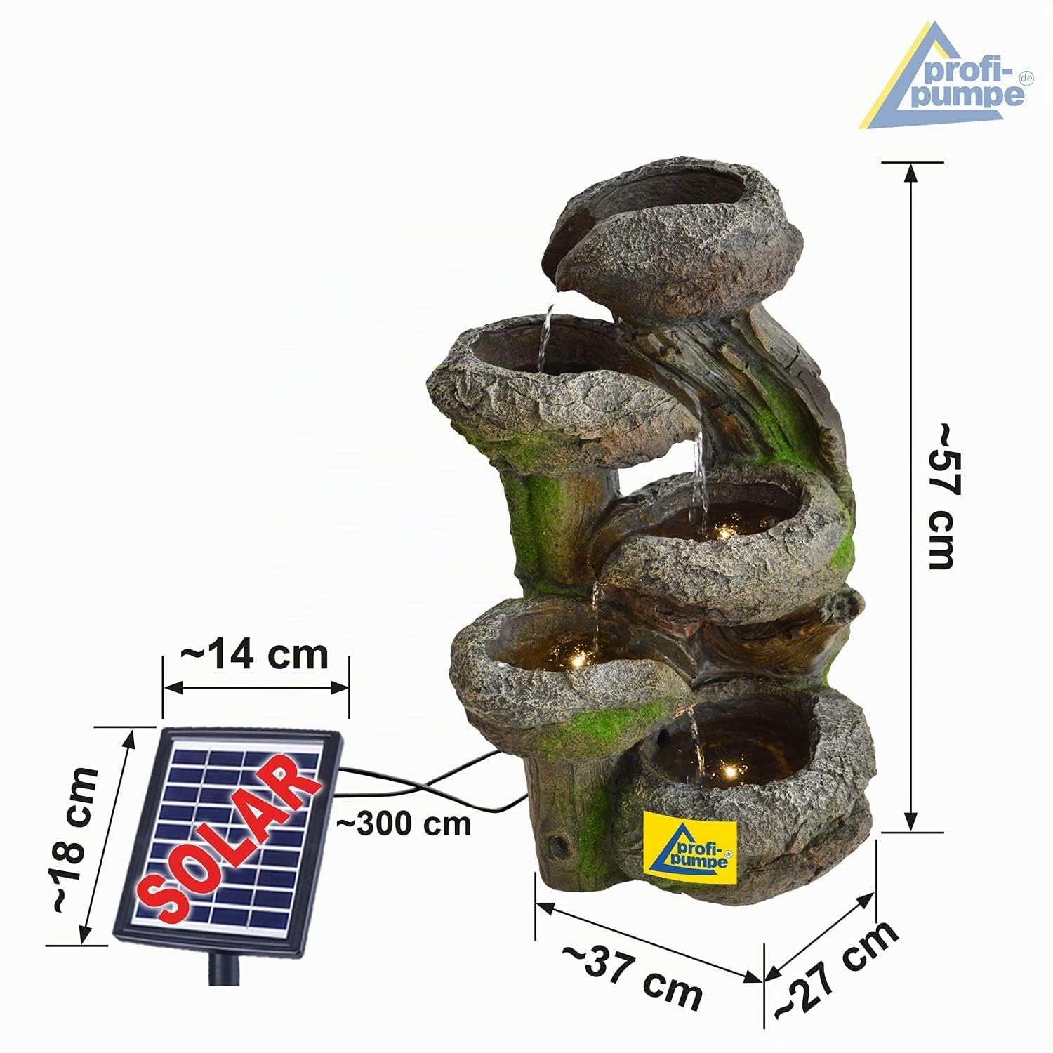 AMUR Fuente solar de jardín con batería de respaldo y luz LED, cascada autónoma, tronco de árbol y cuencos de piedra
