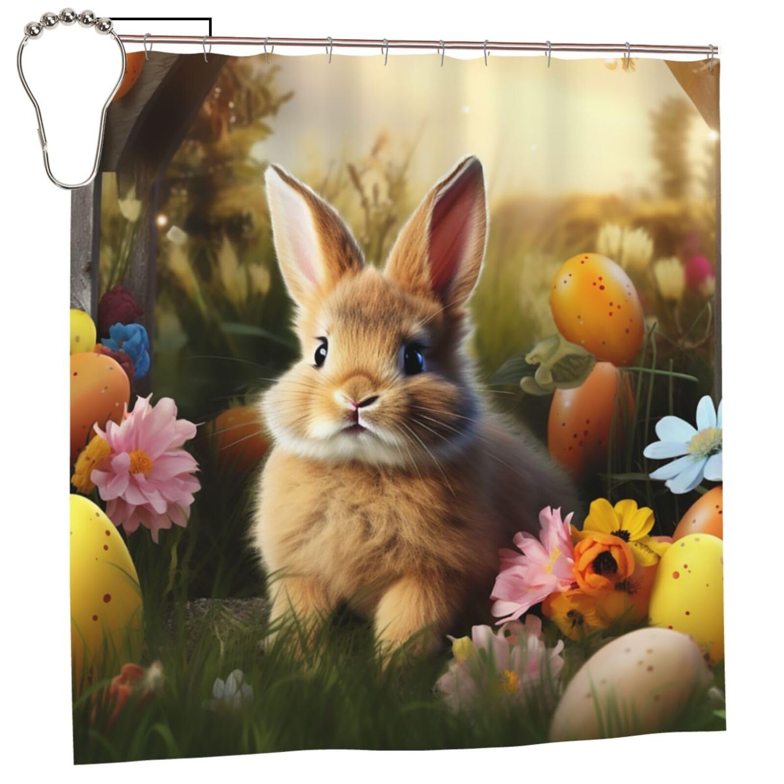 Tenda Da Doccia Con Coniglietti Pasquali, 183x183 Cm, Poliestere Impermeabile, Con 12 Ganci, Decorazione Bagno Primaverile - 4