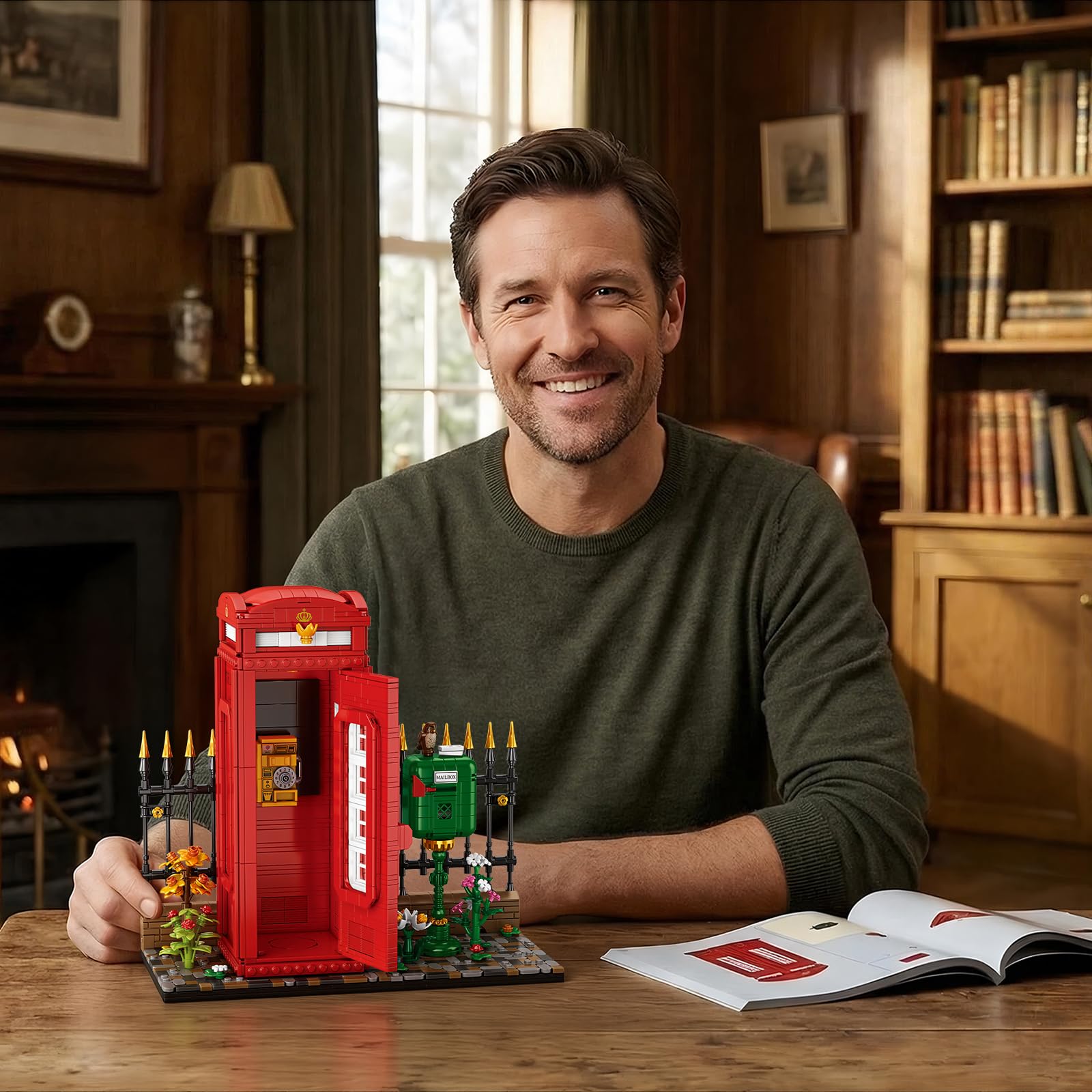 Reobrix Telefonzelle Baustein Set für Erwachsene mit LED Beleuchtung, 66609 Londoner Wahrzeichen Rote Telefonzelle im Vintage Stil, Retro Britische Telefonzelle Bausatz Bauspielzeug（1707 Teile）