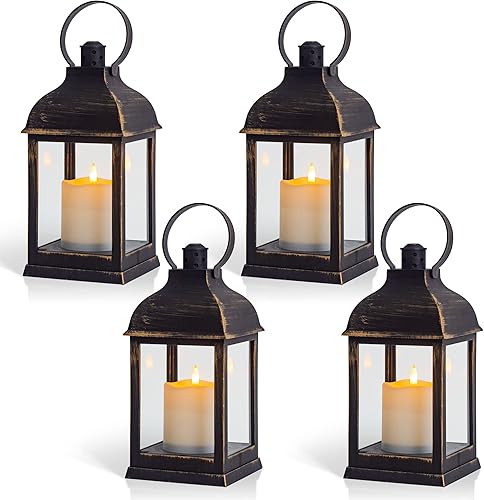 Yongmao Farol negro cepillado dorado vintage, vela LED parpadeante sin llama con temporizador, faroles colgantes decorativos LED para interiores y