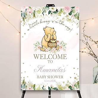 Personalized Bear Pooh Baby Shower Sign, Pink Greenery Custom Baby Shower Welcome Yard Sign Party Decorations Plastic with H Stakes, Double Sided, Full Size