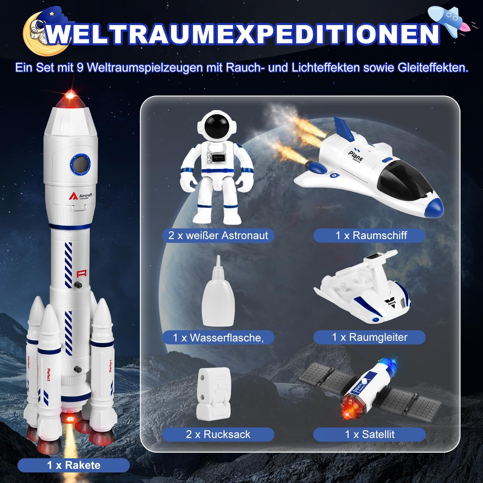 Weltraum Raketen Spielzeug für Kinder, Space Shuttle Spielzeug für Kinder im Alter von 3, 4, 5, 6, 7, 8 Jahren, Raketen Weltraumspielzeug Geschenk für Jungen und Mädchen