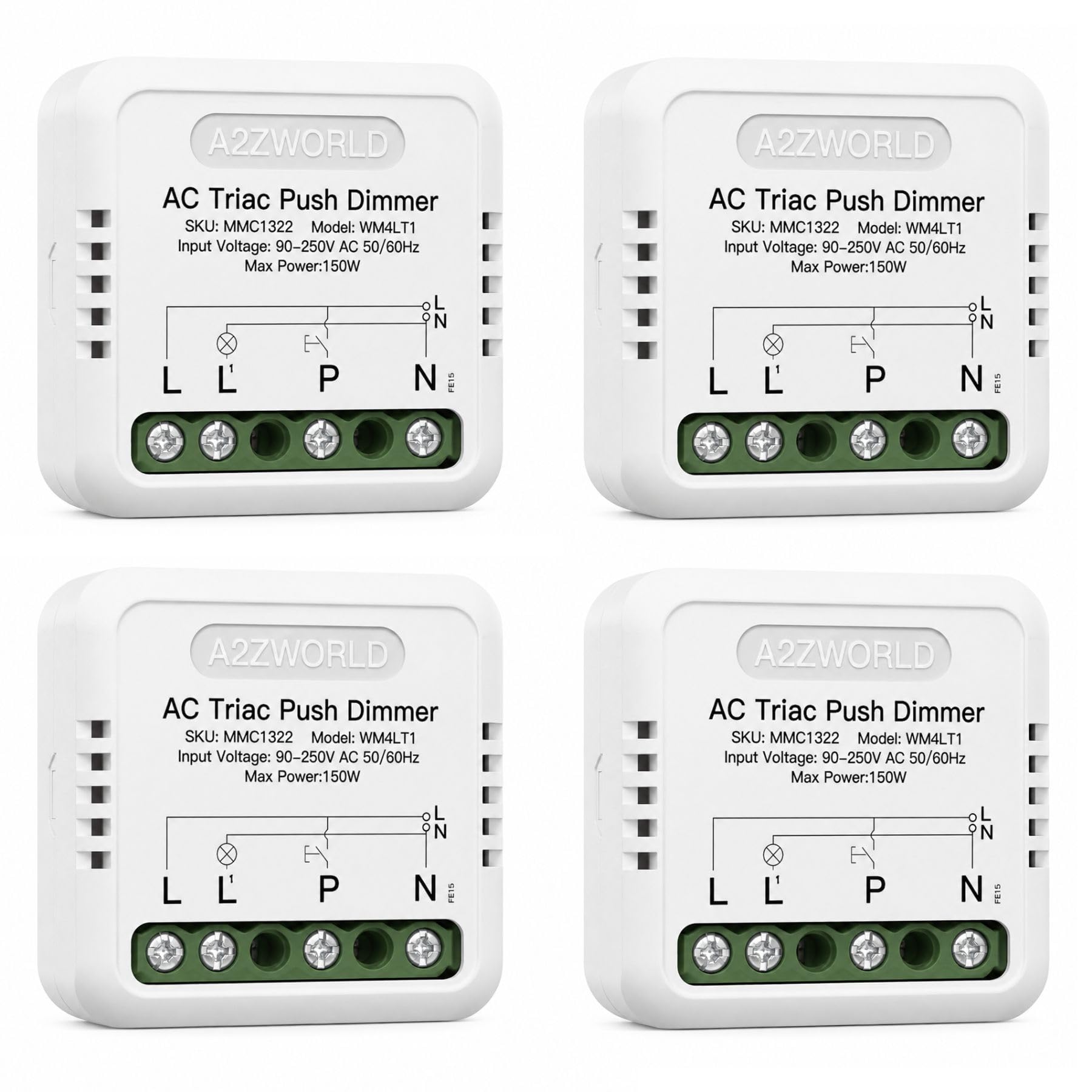 4 sztuki ściemniacza Push AC Triac, cięcie fazowe 220 V z przyciskiem, regulowany 10-100%, synchronizacja, pamięć, podtynkowy i szynę DIN, do ściemniania LED maks. 150 W, 40 x 40 x 18 mm, wycinanie