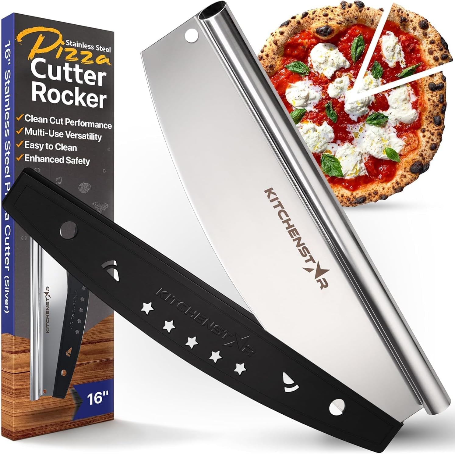 KitchenStar 14" Pizza Cutter | Sharp Stainless Steel Slicer Knife - Rocker Style w Blade Cover | Chop and Slices Perfect Portions + Dishwasher Safe - Premium Pizza Oven Accessories 16 inches Silver