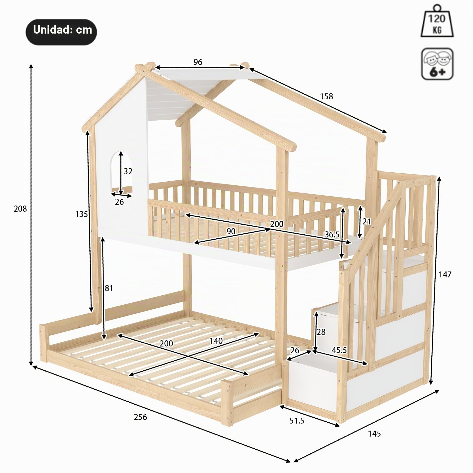 Litera de 90 x 200 y 140 x 200 cm, cama con forma de casa con protector de barandilla y somier, cama infantil con espacio de almacenamiento para 2 – 3 niños, marco de madera de pino+tablero