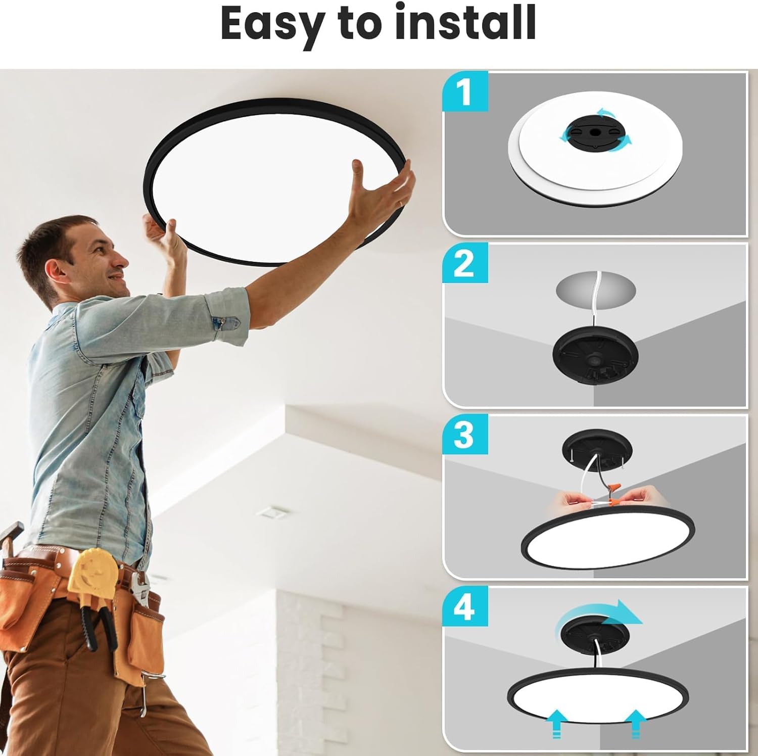 libtit 16.5 Inch Large Black Flush Mount Ceiling Light, 4200LM 36W Low Profile LED Ceiling Lights, Warm to Cool White Surface Mount Light Fixture for Bedroom Kitchen Livingroom