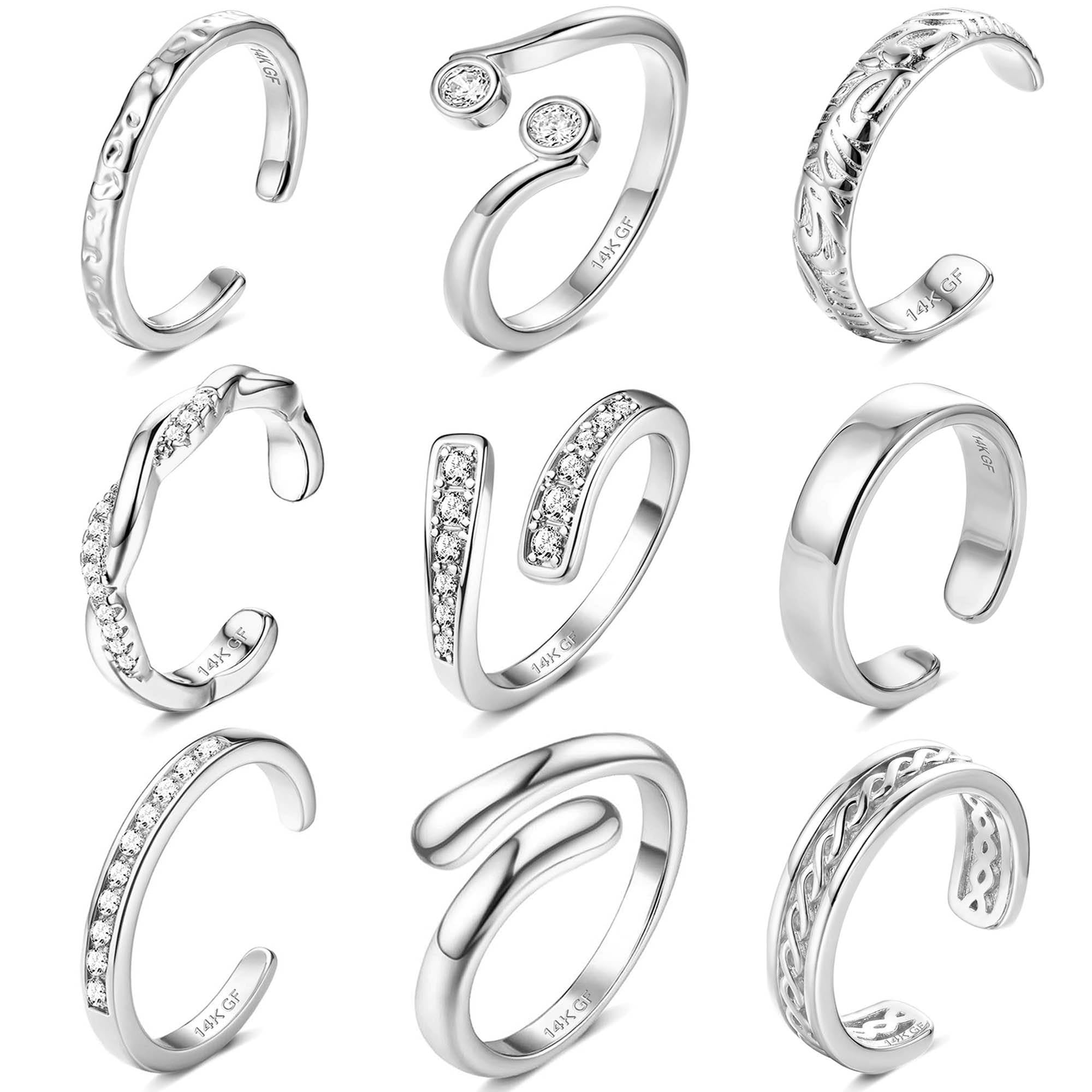 ORAZIO 9 Stück 16 Karat Gold/Silber Zehenringe für Damen Verstellbarer Offener Zehenring Set CZ Eingelegte Ringe Gold Wasserfest Ringe für Frauen Sommer Strand Fuß Ringe Schmuck