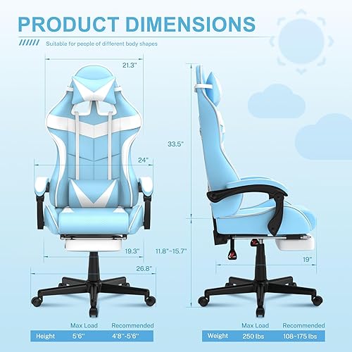 Miniatura 3 de Soontrans Silla de juegos azul claro con reposapiés, bonita silla de videojuegos de conejo, silla de escritorio Kawaii para nieta, hermana, novia,