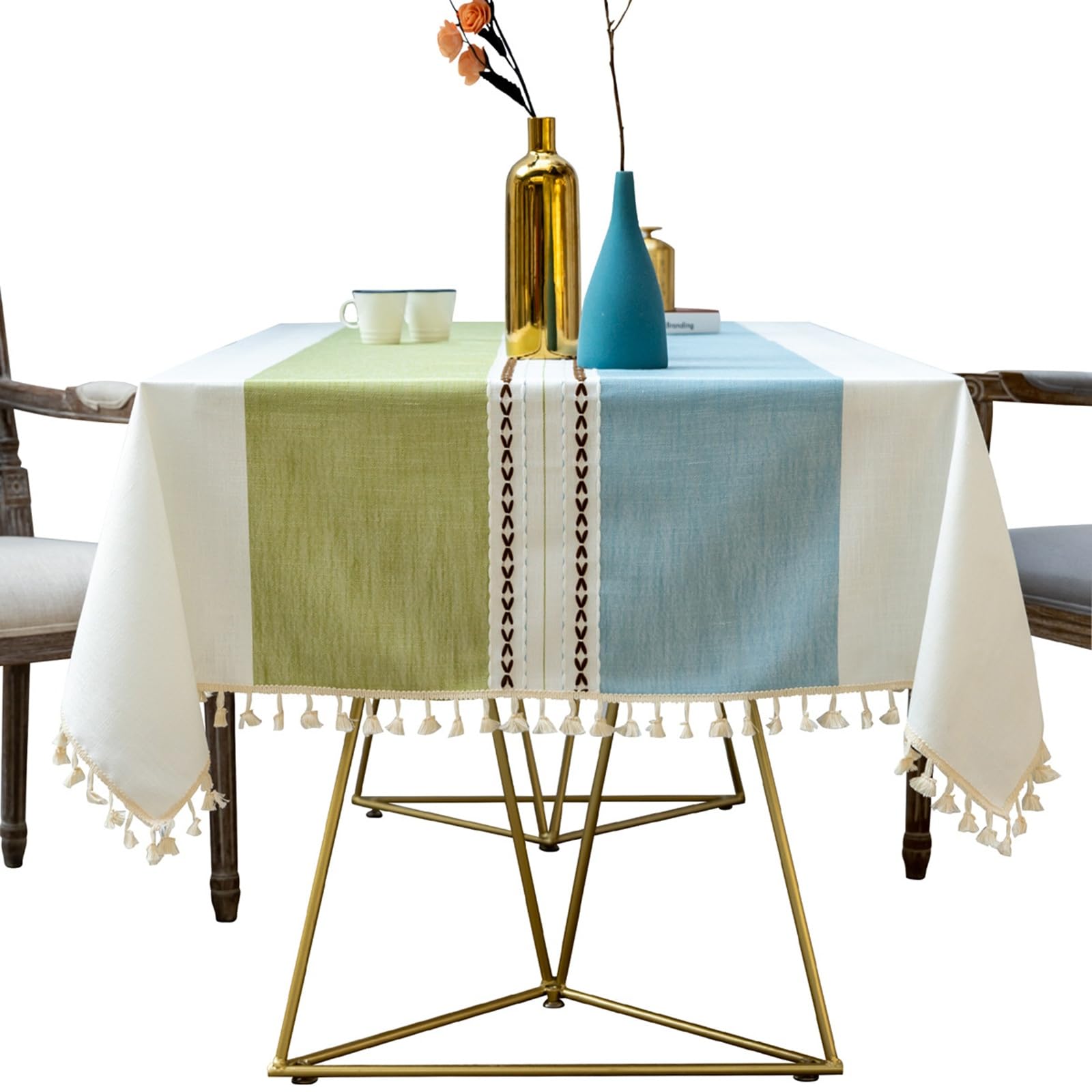 Tischdecke Esstisch Modern, Polyester Flickwerkmuster mit Quaste Tischtuch Fleckenschutz, Blau Grün, 140 x 180 cm