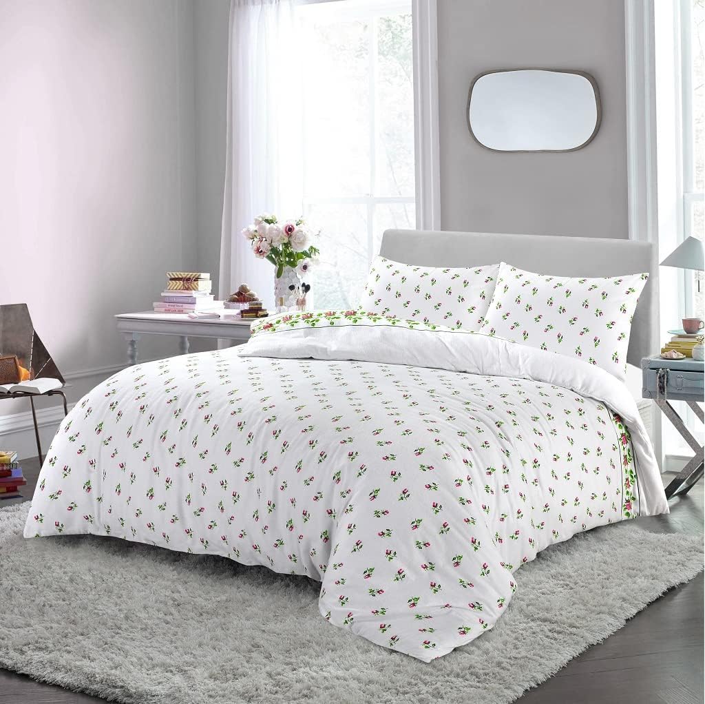 HOMES-LINEN Rosebud Flannelette Duvet Quilt Cover Set Floral Thermal Flannel 100% Brushed Cotton (Single, Pink)