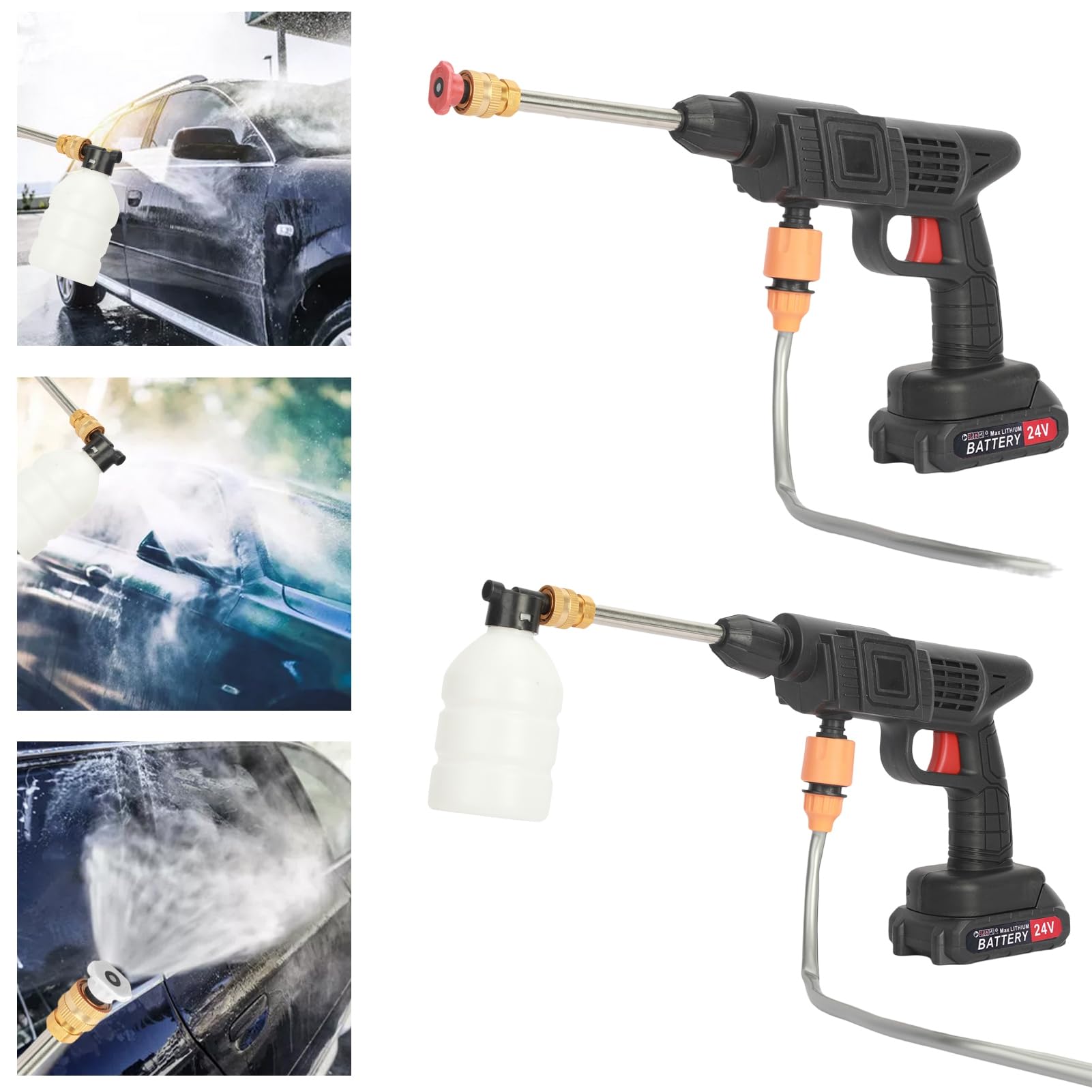 Rondella elettrica senza fili, kit di idropulitrice a batteria da 24 V con ugello multifunzione, contenitore detergente, spruzzatore d'acqua ad alta pressione per auto, cortile, casa, nero
