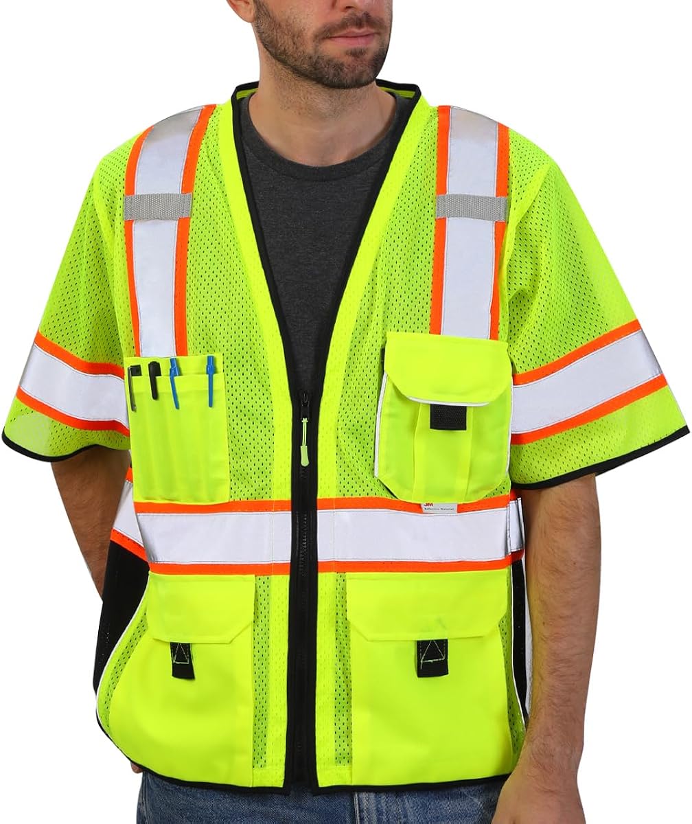 Dib Safety Heavy Duty Reflective Safety Vest ANSI Class 3, Yellow Mesh L | Made with 3M Reflective Tape, High Visibility Surveyor Vest with Pockets and Zipper, ANSI Class 3 Compliant