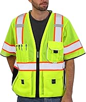 Vista 9 de Dib Safety - Chaleco reflectante amarillo de malla, chaleco de alta visibilidad con bolsillos y cremallera, clase 2 ANSI de alta resistencia, hecho