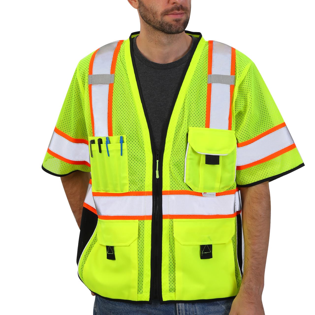 Dib Safety Heavy Duty Reflective Safety Vest ANSI Class 3, Yellow Mesh L | Made with 3M Reflective Tape, High Visibility Surveyor Vest with Pockets and Zipper, ANSI Class 3 Compliant