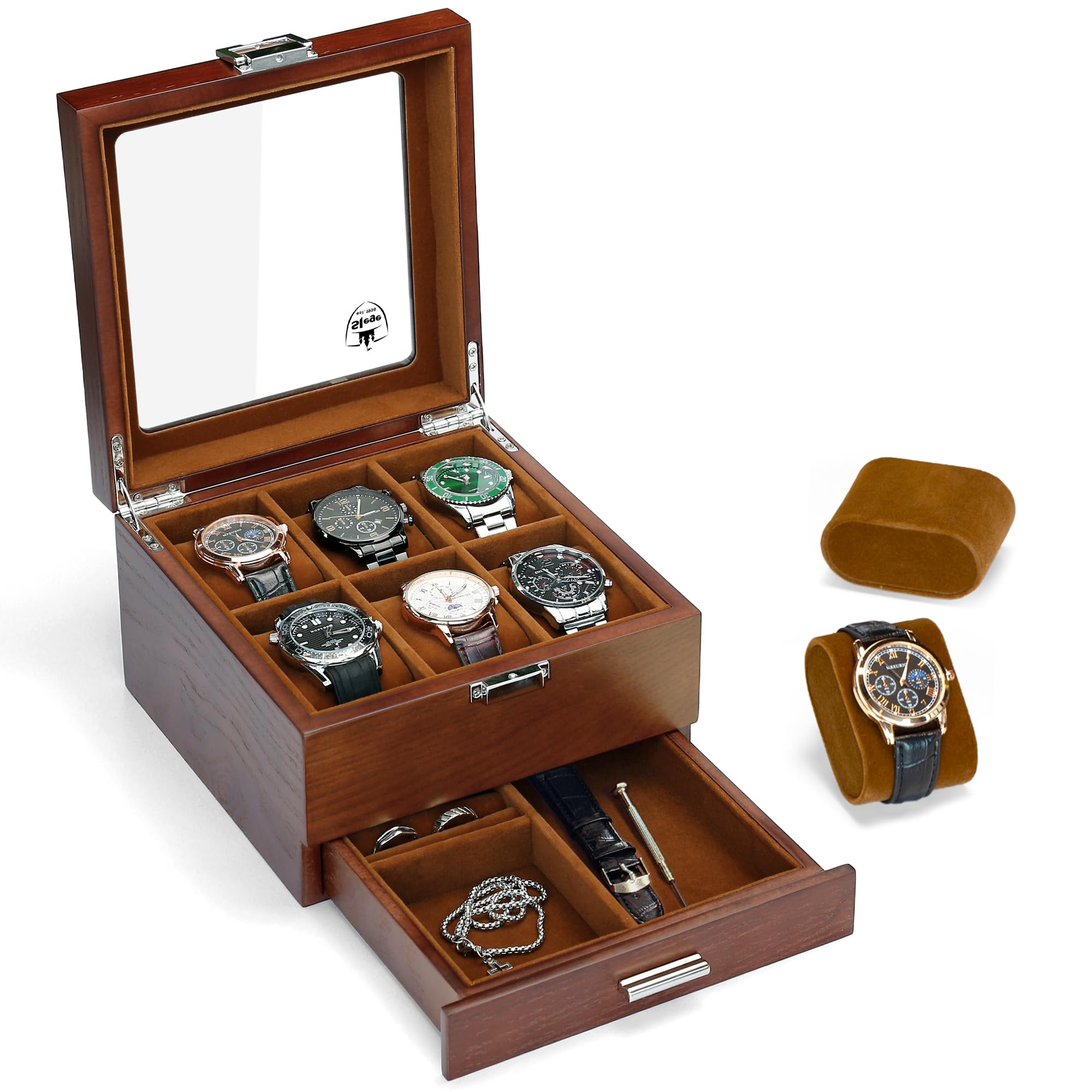 Slege Caja para Relojes Hecha a Mano de Madera, 6 Compartimentos y 2 Niveles con Cajón, Tapa de Madera con Ventana de Vidrio, Organizador Grande, Regalo Elegante para Hombre y Mujer