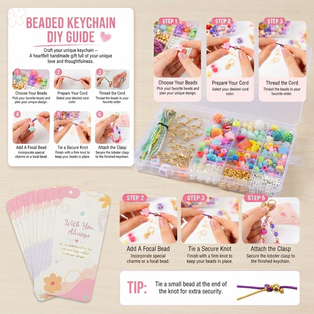 XZNBIAYA Kit di 1000 portachiavi con perline, kit fai da te, kit per la creazione di portachiavi con perline in acrilico, cuore, fiore, alfabeto, portachiavi, kit per la creazione di gioielli