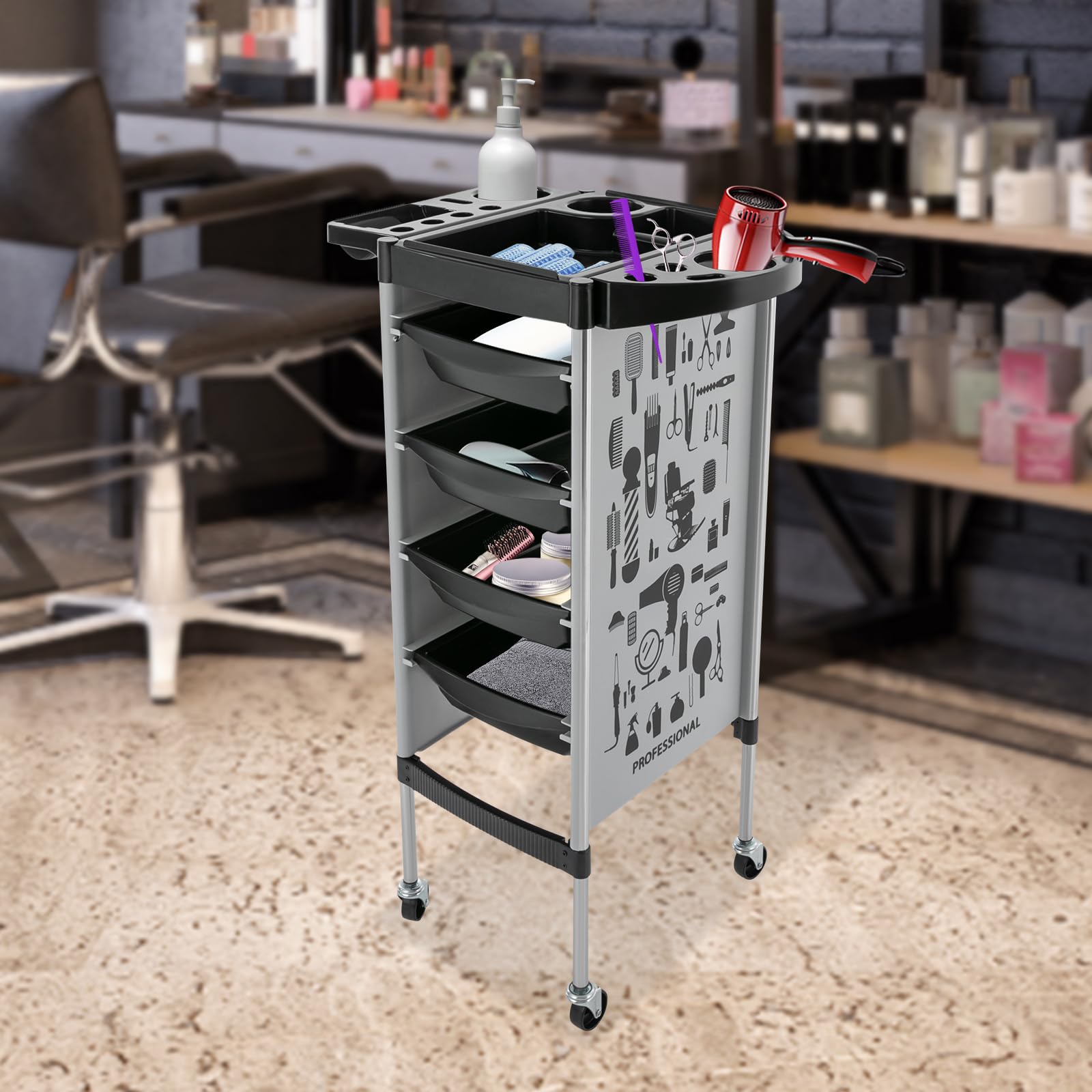 Carrito de peluquería de 5 pisos con cajones | Carrito de salón móvil | Carrito de trabajo para peluquería y salón de belleza | Marco estable de acero inoxidable
