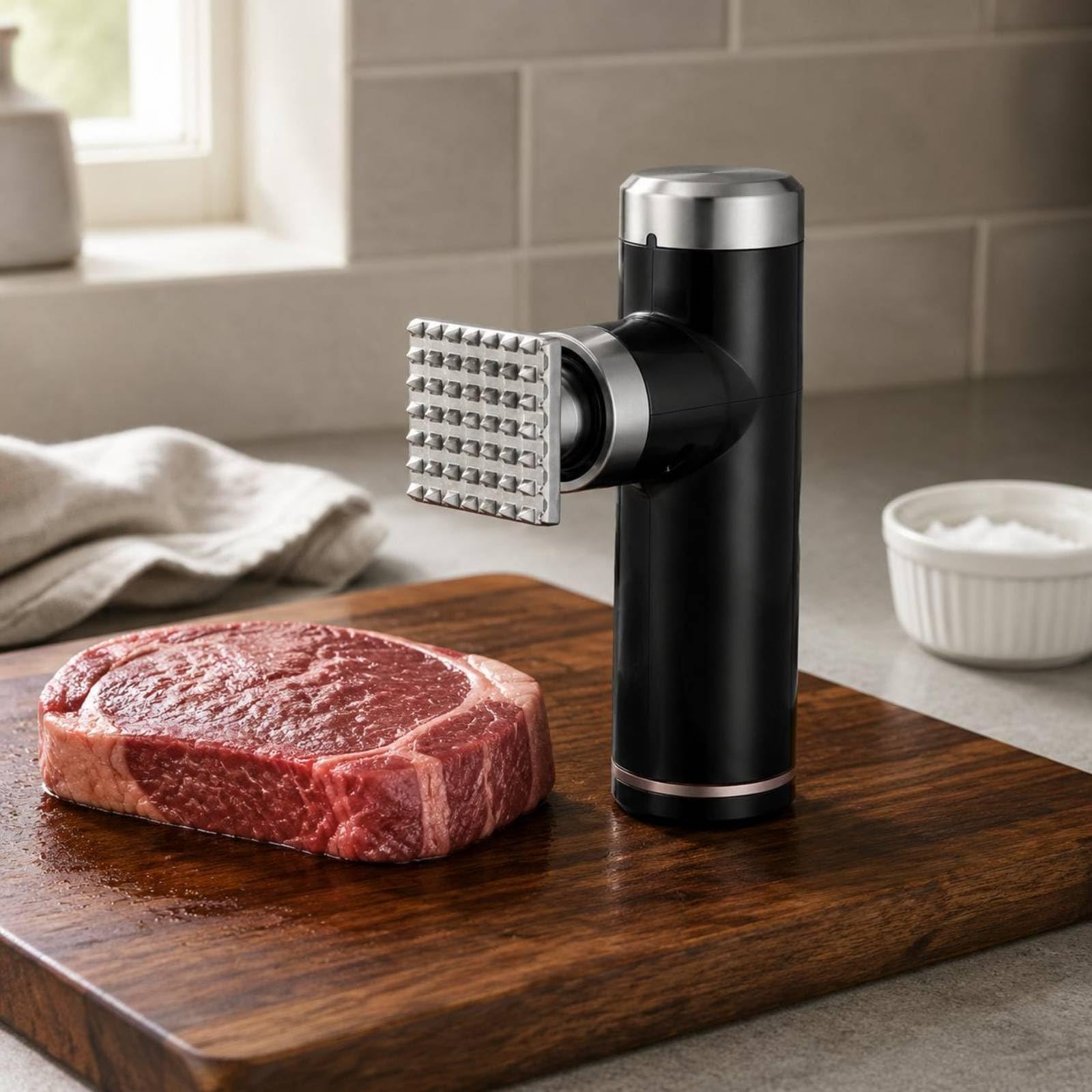 Qianly Elektrischer Fleischzartmacher Steakzartmacher Fleischzartierer Fleischklopfer aus Edelstahl mit Mehrfachnadeln Und 6 Stufiger USB Einstellung für, Braun, Hochwertiges Braun