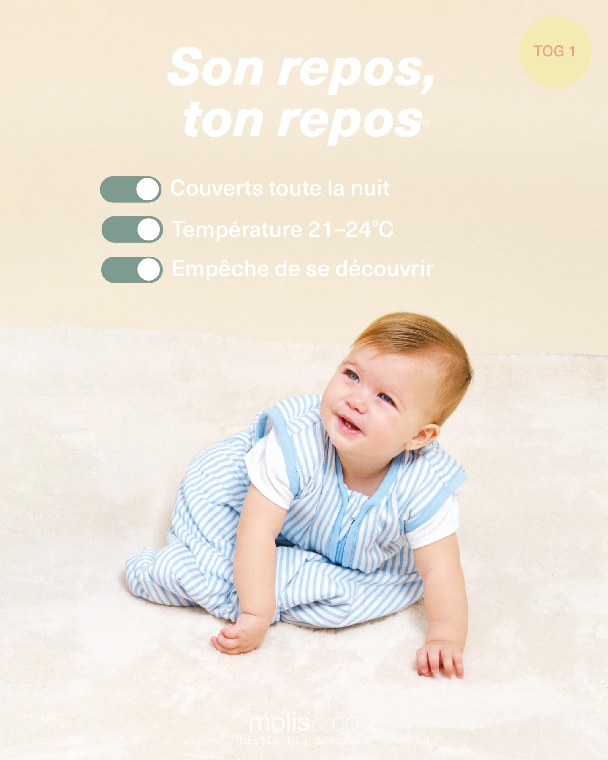 molis&co - Gigoteuse pour bébé - Gigoteuse Bébé Tog 1-100% Coton (Oeko-TEX) - Changement de Couche à accès à Zip Facile - Turbulette pour Bébé, Fille Garçon - Sailor Blue (0 à 6 Mois)