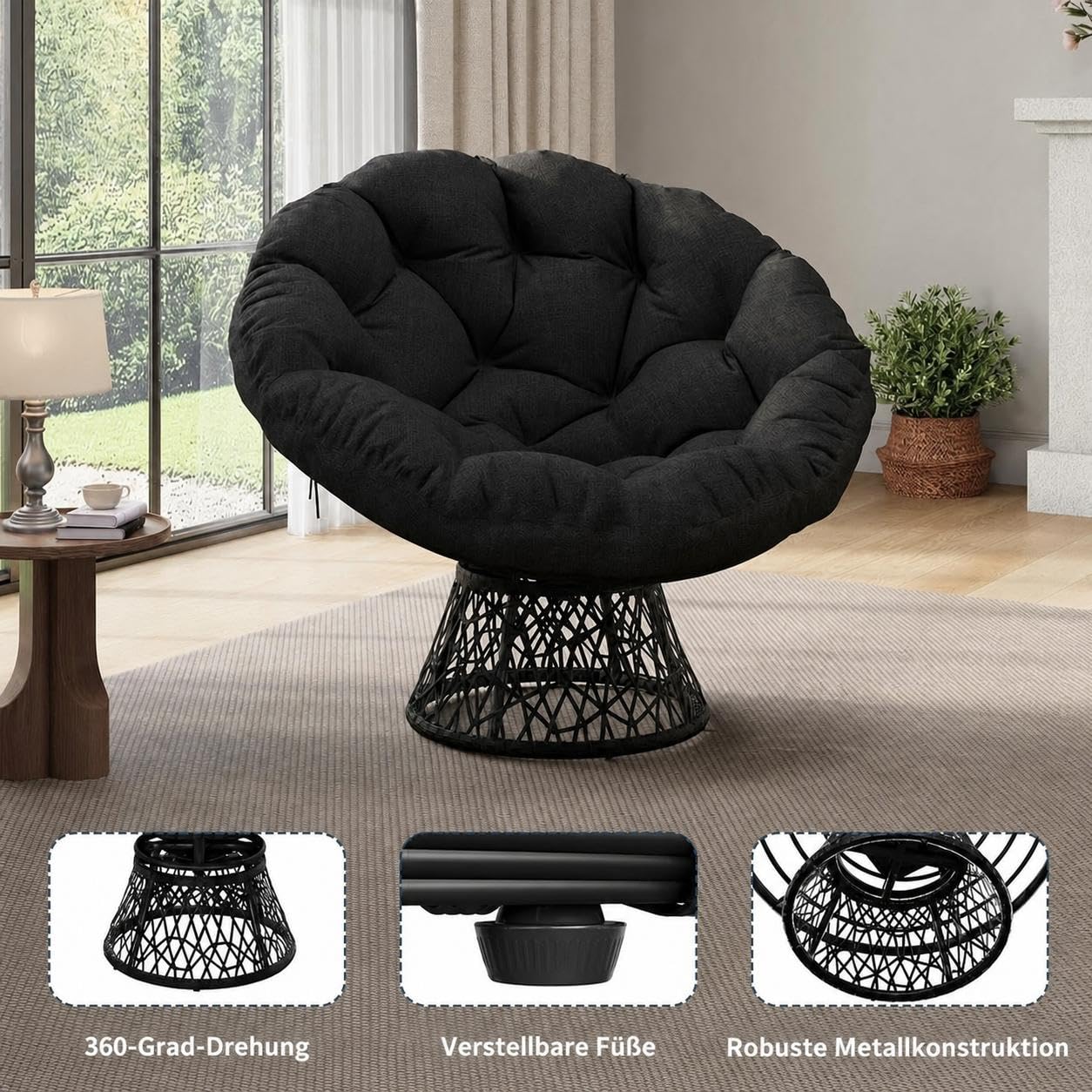 Papasansessel, bequemer Drehsessel, dickes Kissen, ergonomischer Rattansessel, 360° drehbarer Loungesessel, runder Relax Korbsessel, stabiler Stahlrahmen, für Wohnzimmer, Leseecke, Lounge, grau