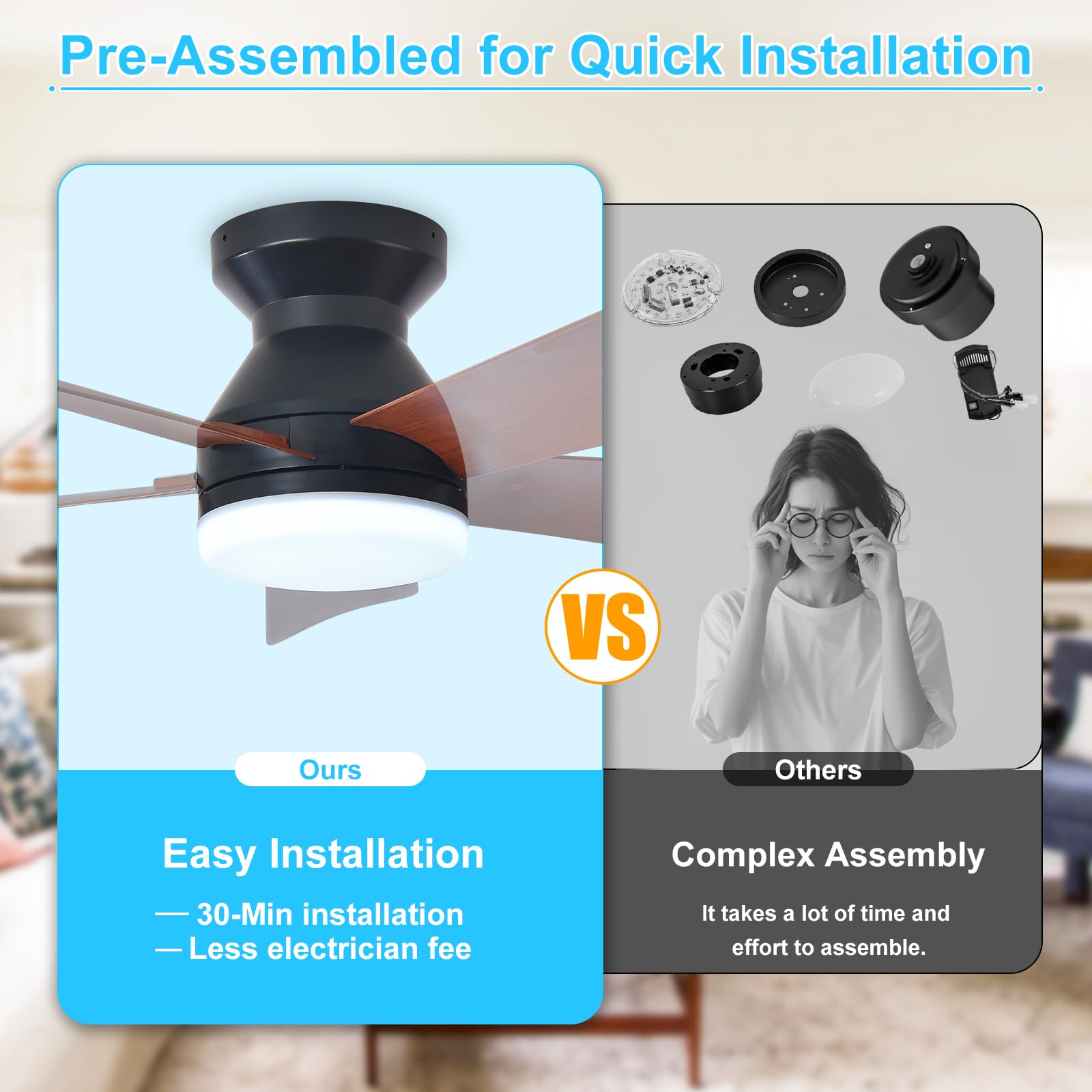 Depuley Ventilador de techo moderno con luz: Ventiladores pequeños negros de 35 pulgadas para dormitorio - Ventiladores de techo empotrable regulables con mando a distancia 5 aspas de nogal invertido