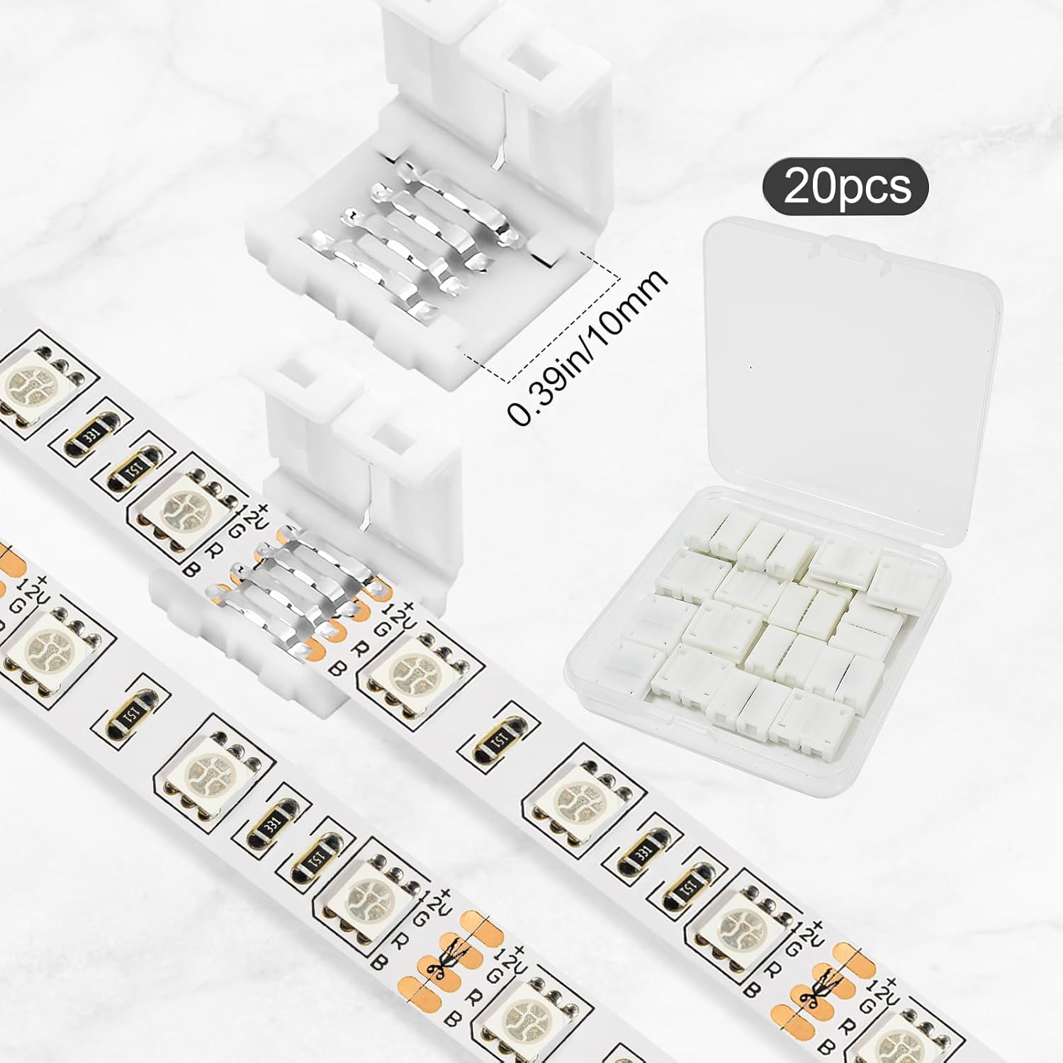 20-Pack PBT Fireproof 4-Pin LED Strip Connectors, Solderless Gapless Adapter for 10mm Wide RGB 5050 Light Strips, Ultra-Stable Extension and Splice Kit for DIY Lighting Projects (10MM-4PIN)