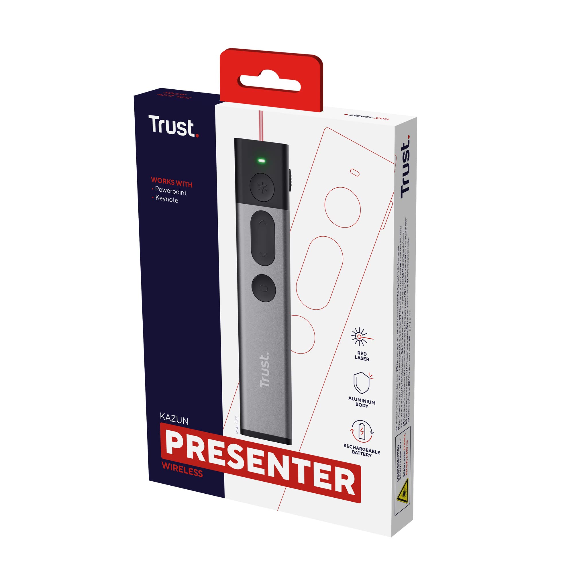 Trust Kazun Drahtlose Laser Präsentationshilfe mit 4 Powerpoint-Funktionen, Ultraflachen Design, Aluminiumgehäuse, Extra Große Reichweite 30 m, für PC/Laptop - Grau