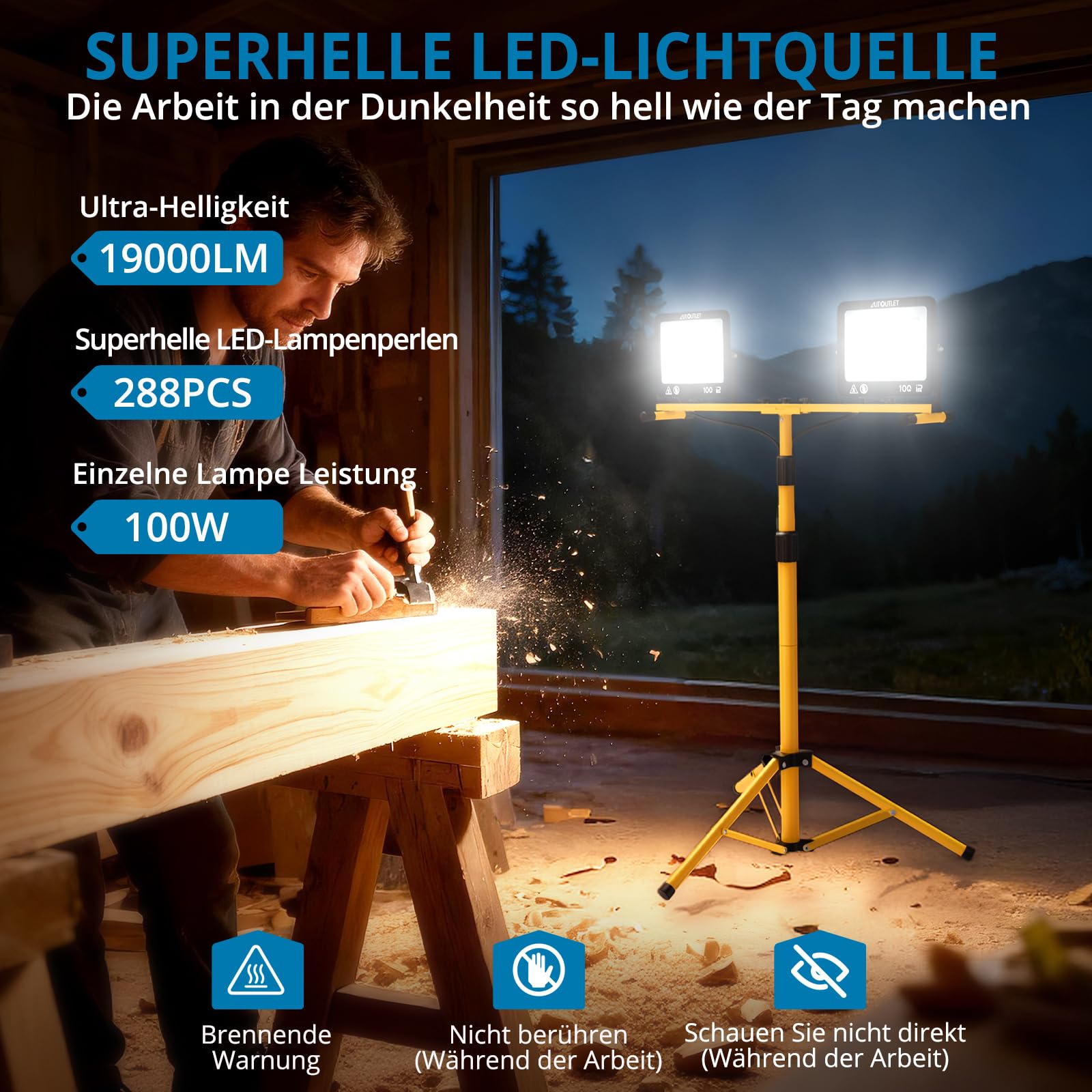 AUTOUTLET Baustrahler LED mit Stativ, 2x 100W 19000LM LED Strahler Arbeitsleuchte mit 3 Farbtemperaturmodi, verstellbarer Stativ & 5M Netzkabel IP66 Wasserdicht,abnehmbar Baulampe für Garage Baustelle