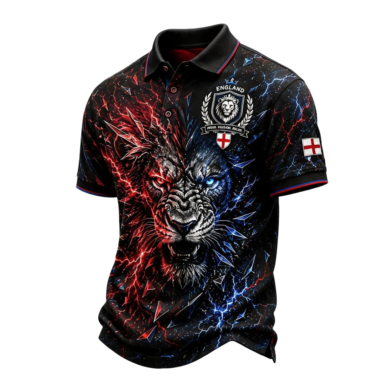 England Football Shirts for Men Lion Print Short Sleeve Polo Shirt for Supporters of Football Casual National Flag Print Button Down Collar Top Outdoor Sports Shirts for Men Dark Blue XXXXXXL