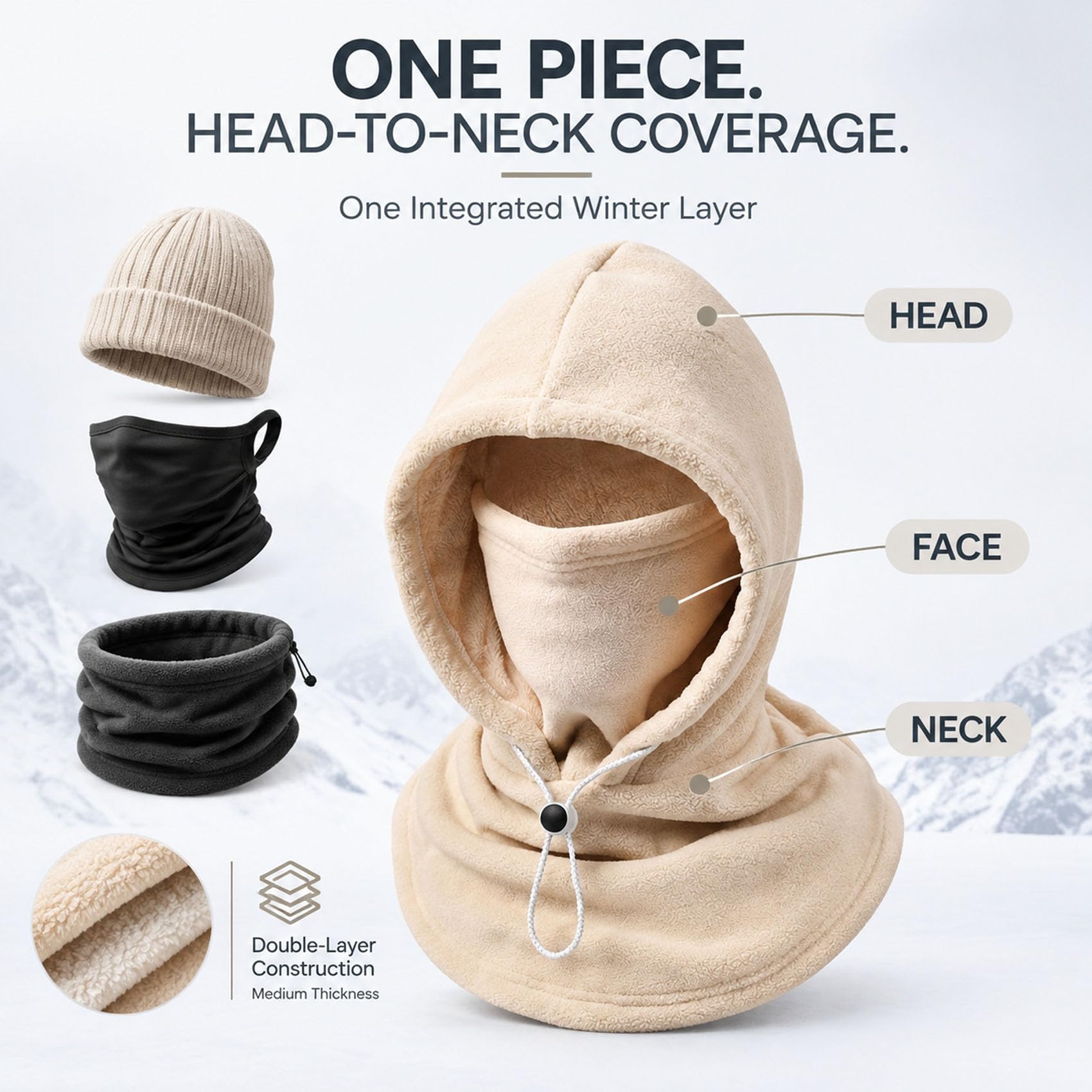 3-in-1-Fleece-Sturmhaube mit doppelter Schicht – Winter-Kopfbedeckung