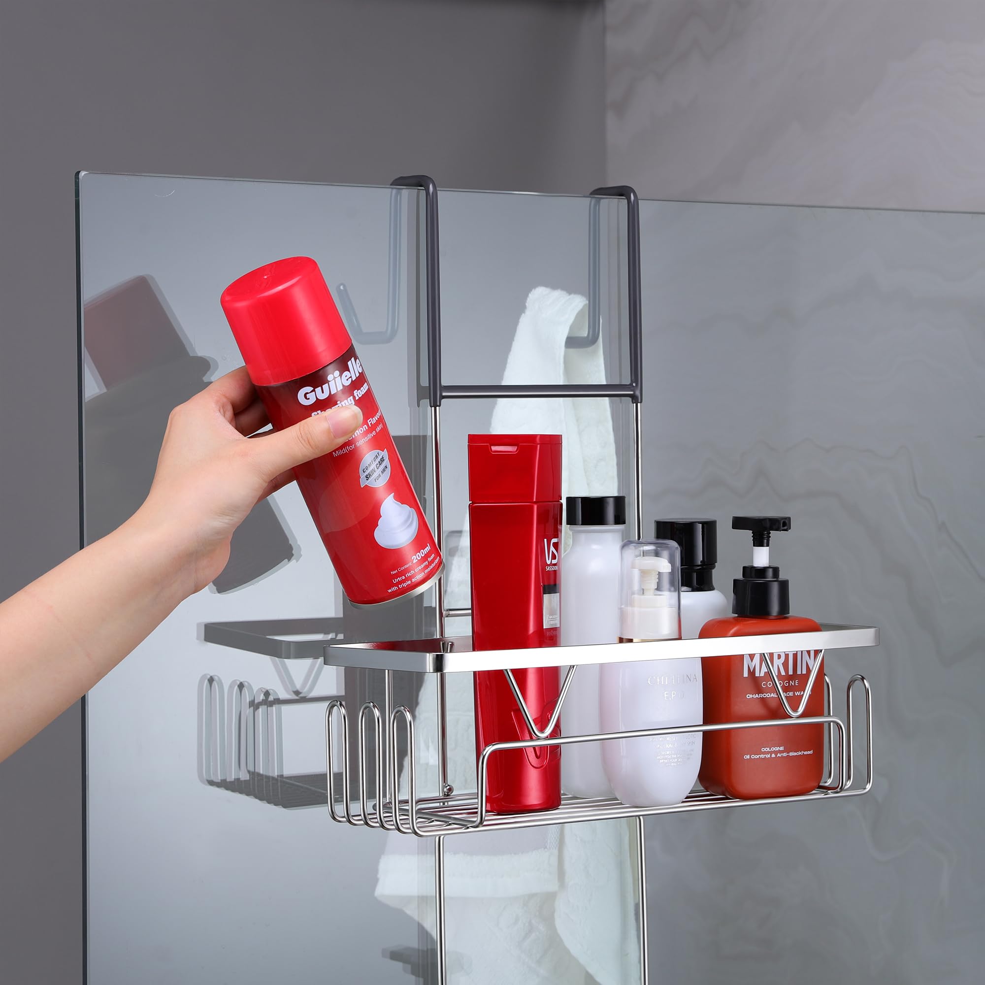 KEGII Hanging Shower Caddy - Over Door Storage Rack, Stainless Steel Organiser, No Drilling Shelf, Silver, 3 Tier - 1 Pack - Image 3