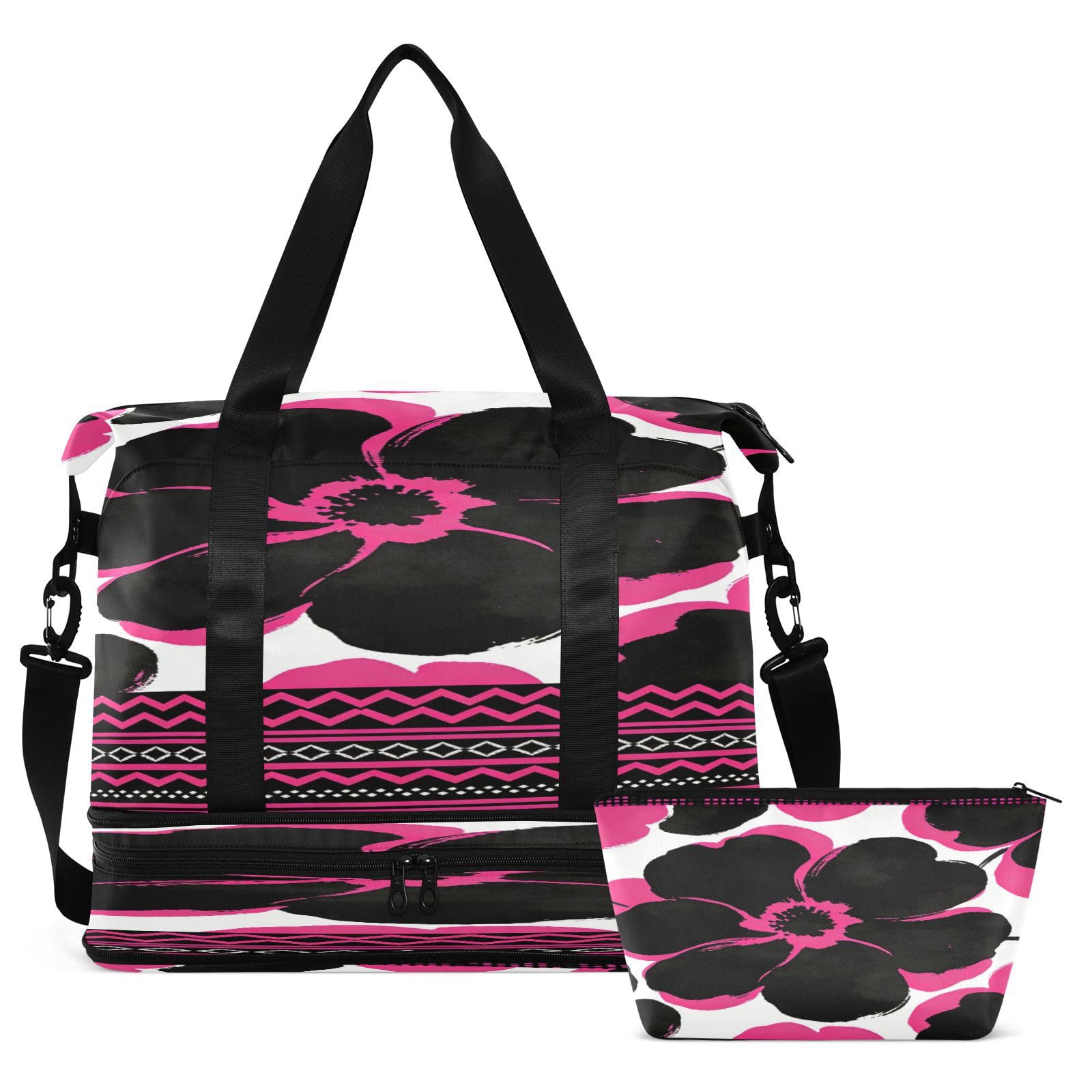 Reisetaschen mit schwarzem und rosa Blumenmuster, 2-teiliges Set, Reisetasche, Handgepäcktasche mit verstellbarem Gurt, für Geschäftsreisen
