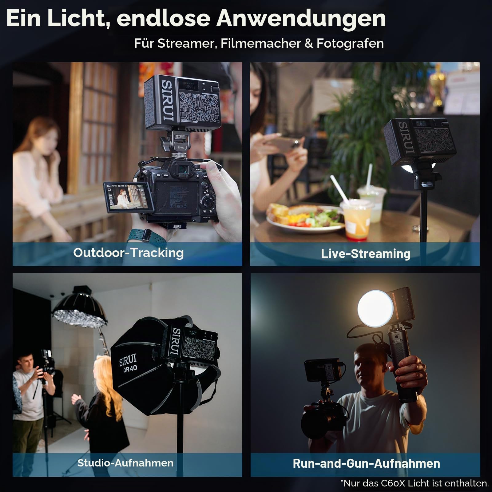SIRUI C60X 60W LED Tragbares Fotolicht Videolicht Ultra-Leise (24.9dB), 0.53KG Kompakt, 2H Schnellladung, 13.000 Lux, Bluetooth-Steuerung für Studio/Outdoor-Videobeleuchtung