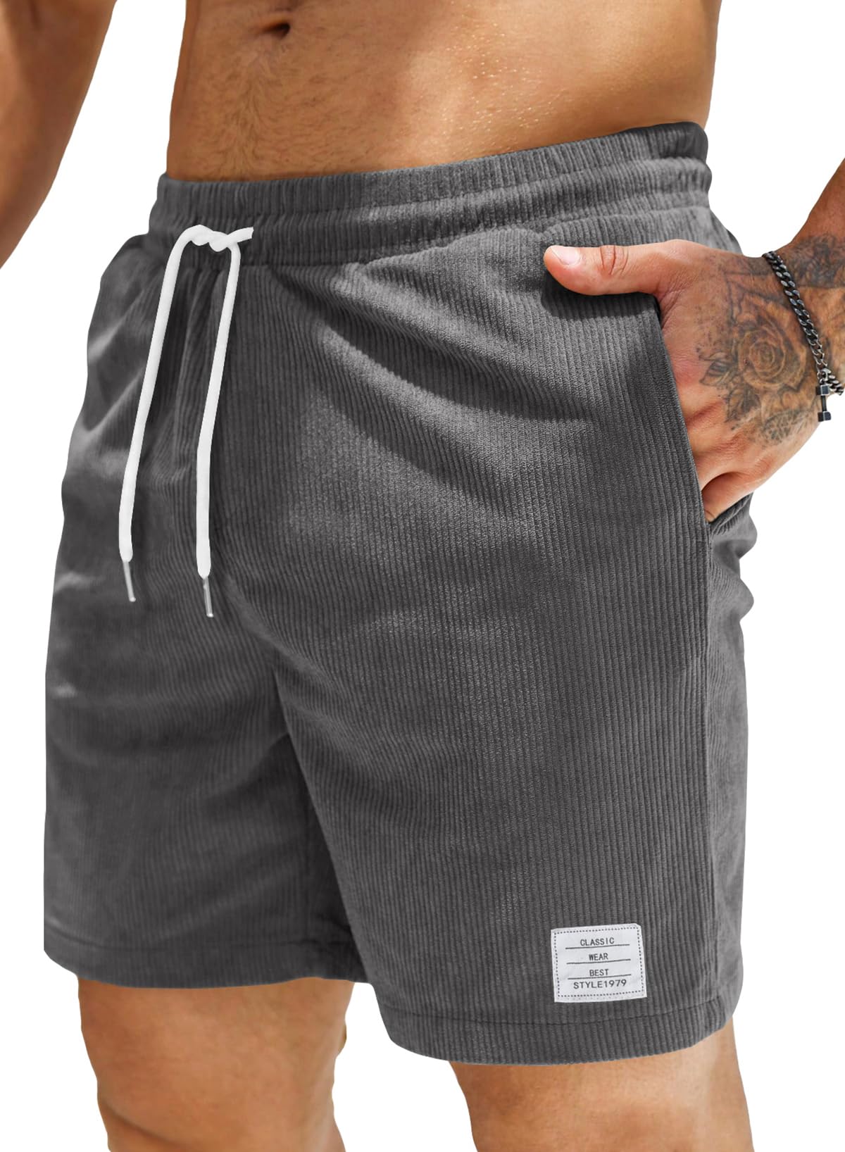 JMIERR Corduroy Shorts Herren Sommer Freizeit Leinen Stretch Baumwolle Elastische Taille mit Taschen