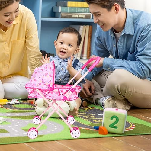 Miniatura 7 de Cochecito de muñeca plegable para mango de empuje ajustable, marco de hierro con ligero juego de simulación, cochecito de muñeca para niños