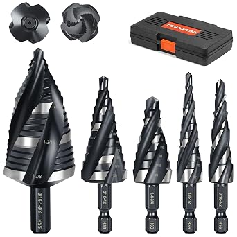 5PCS Four Spiral Flute Step Drill Bit Set, HSS Unibit Step Bits for Metal, Size 1/8" to 1-3/8" with 1/4" and 3/8" Hex Shank, Nitride-Coated Drill Bits for Stainless Sheet Metal Aluminum Wood Plastic