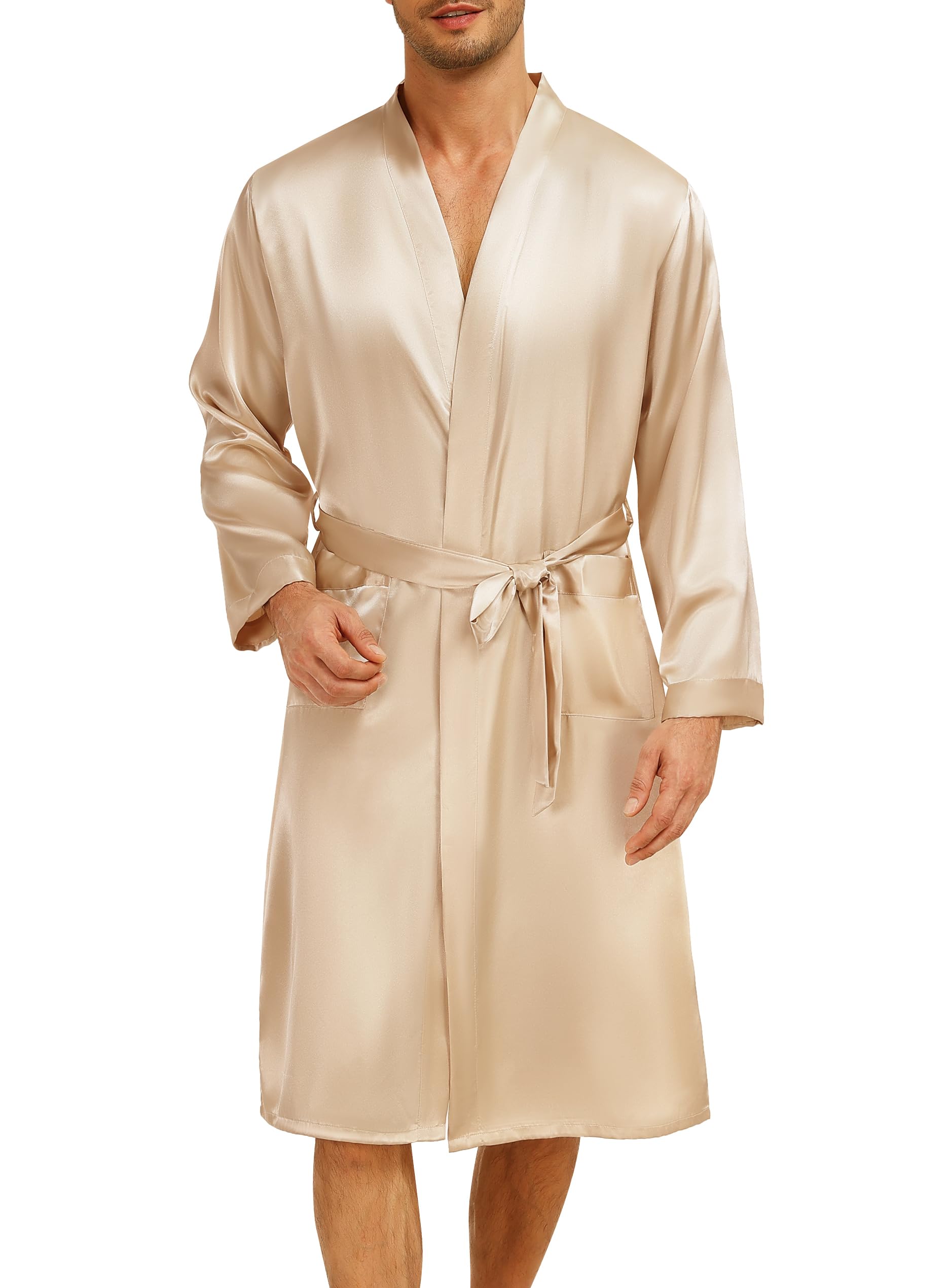 Lovasy Satin Bademantel Herren Lang Kimono Bademäntel für Herren Leicht Morgenmantel Zwei Seitentaschen mit Gürtel