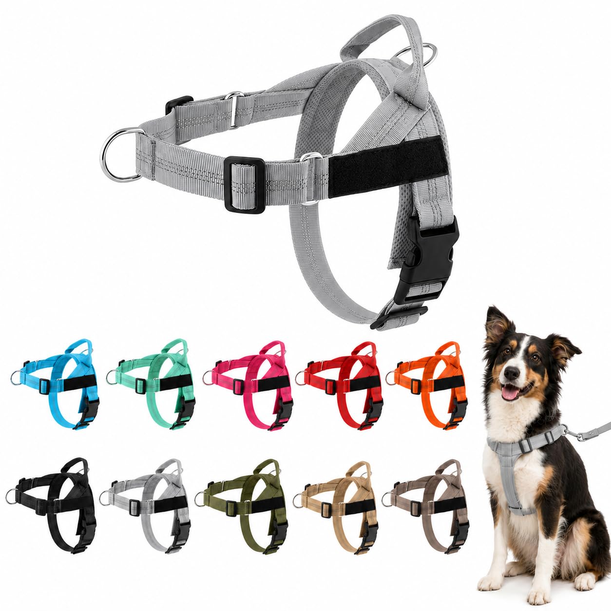 ParoPet No Pull Dog Harness — Adjustable Harness with Front Chest Clip, Lightweight Breathable Material and Reflective Details for Medium and Large Dogs, Walking, Training and Travel (Gray,XS)
