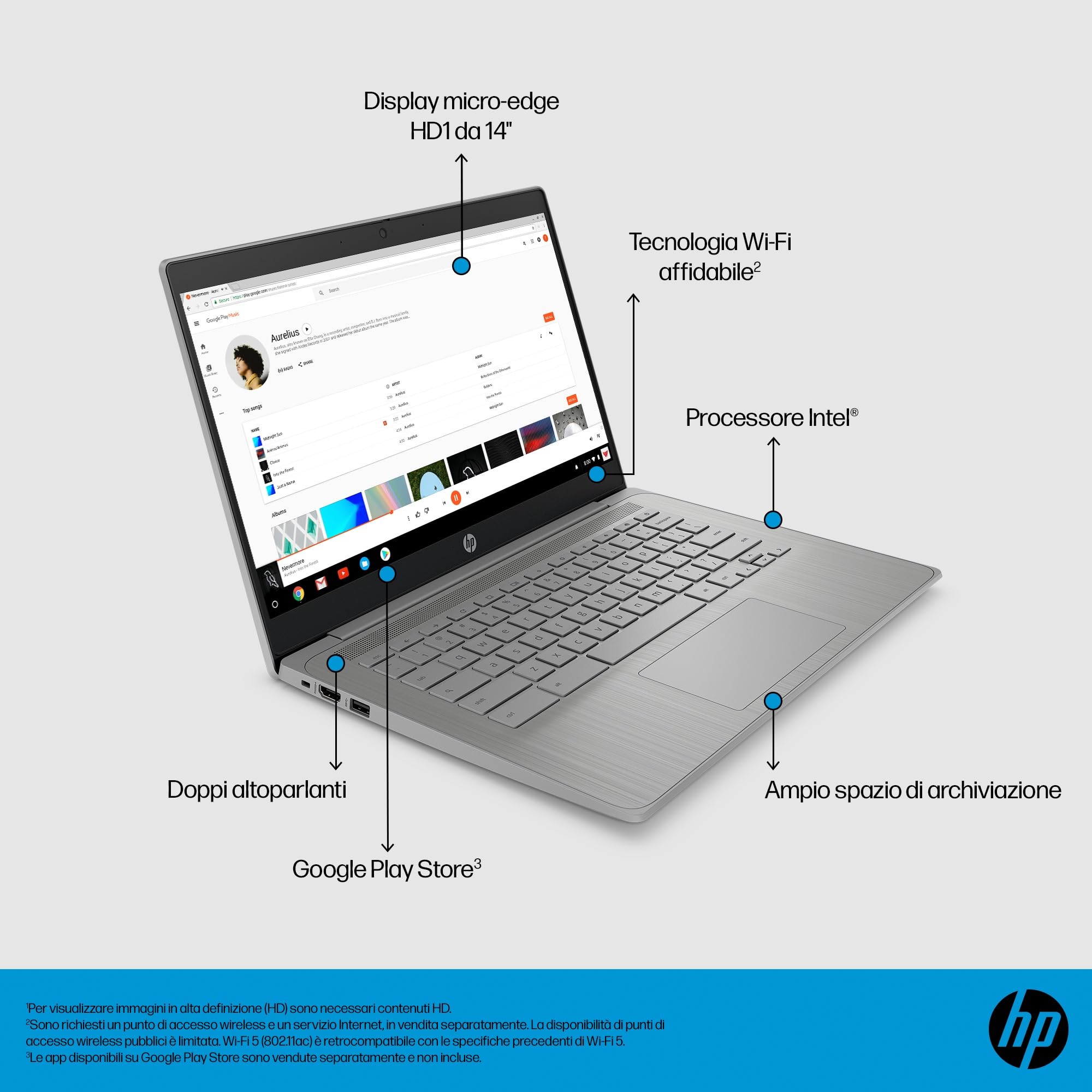 HP Chromebook 14a-ne1000sl Notebook, Intel Celeron N4500, 4GB RAM, 64GB eMMC, Display 14" HD Antiriflesso SVA, Intel UHD Graphics, ChromeOS, Grigio