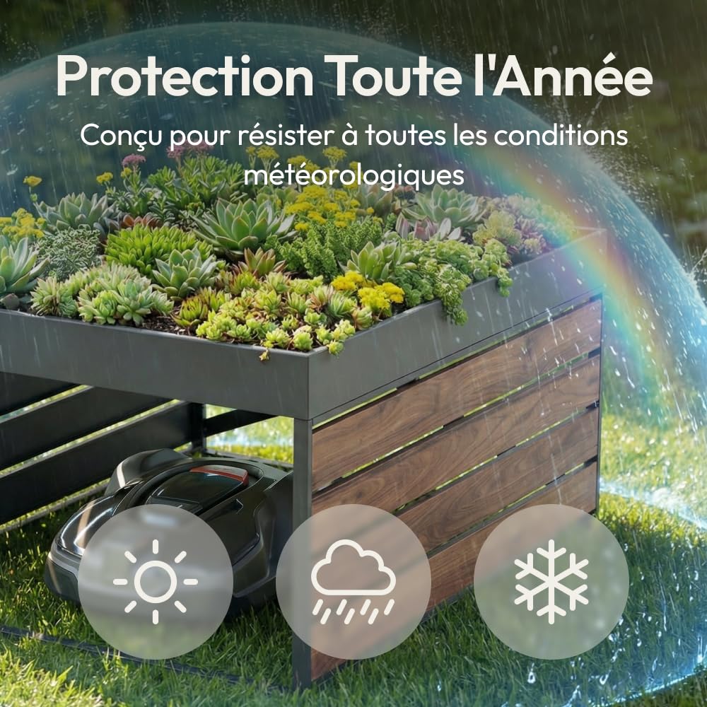 CASABEL Abri Robot Tondeuse en Acier Galvanisé, Toit Bac à Plantes | Protection contre les intempéries, Acier galvanisé robuste, Bac à plantes intégré, Abri universel, Effet bois, Montage facile