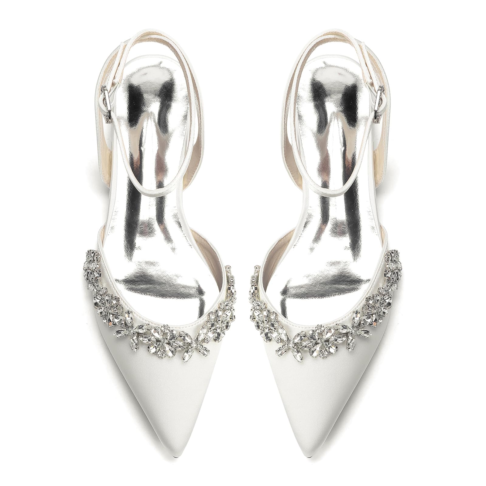 Scarpe da Sposa Basse Slingback in Raso a Punta con Strass - Eleganti Ballerine con Tallone Scoperto per Cerimonia e Invitata Matrimonio