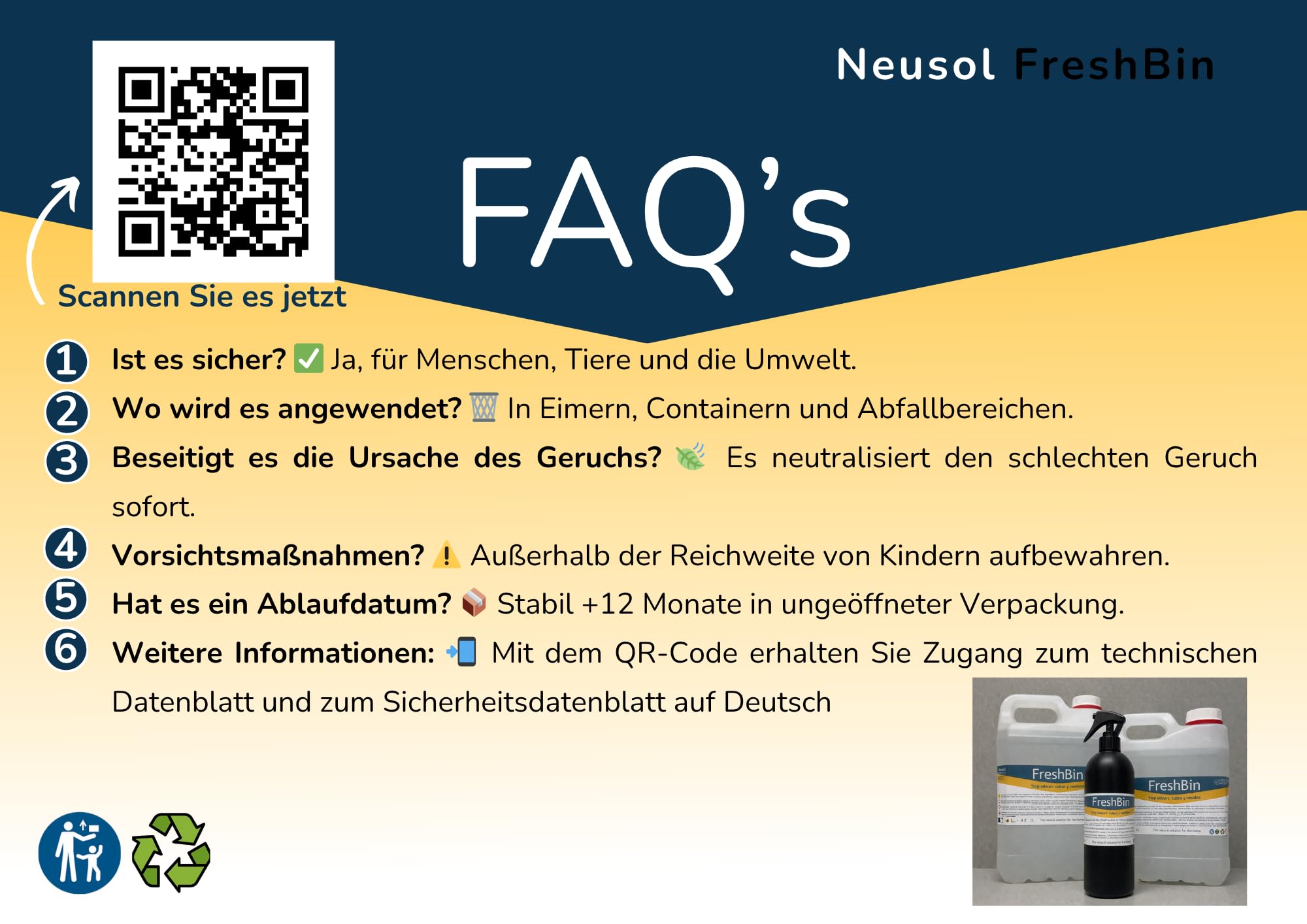 FreshBin - Geruchsneutralisierer für Eimer, Behälter und Abfallbereiche | entfernt biologische, Fisch- und Speisereste | Zitrusfrische | sichere Formel ohne CLP 0,75L