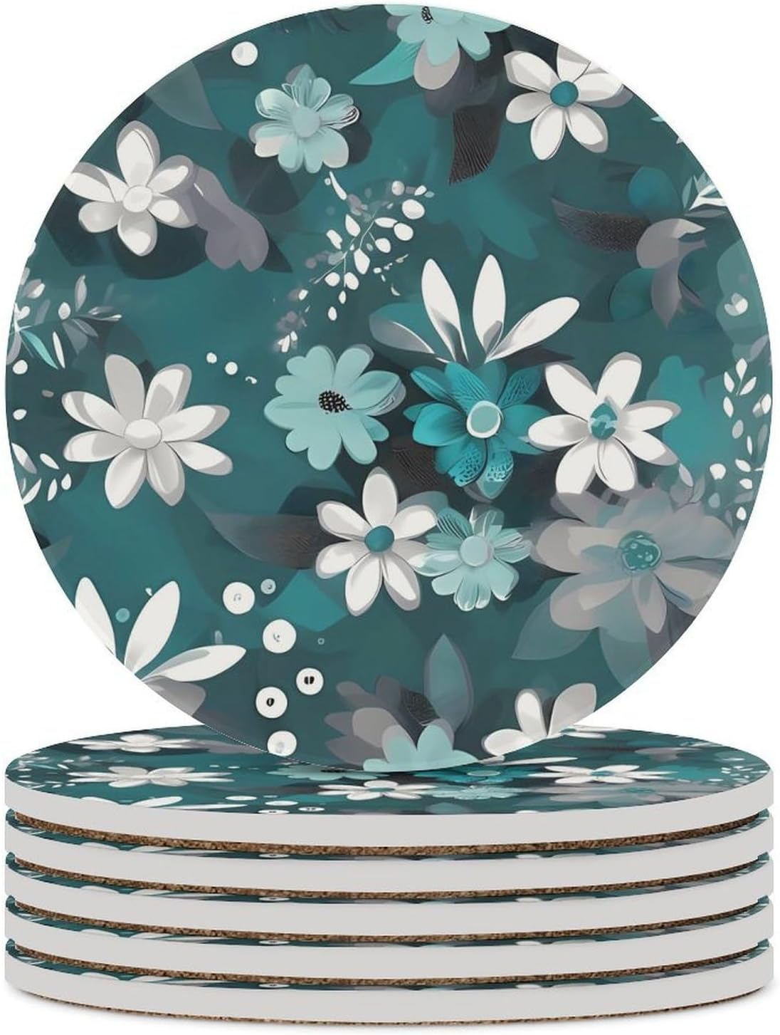 6PCS Teal Grey and White Floral Coasters Non-Slip Round Drink Coasters with Ceramic Stone and Cork Base, Heat Resistant Absorbent 33.00Stone Coaster Set for Kinds of Mugs and Cups, 4 Inch
